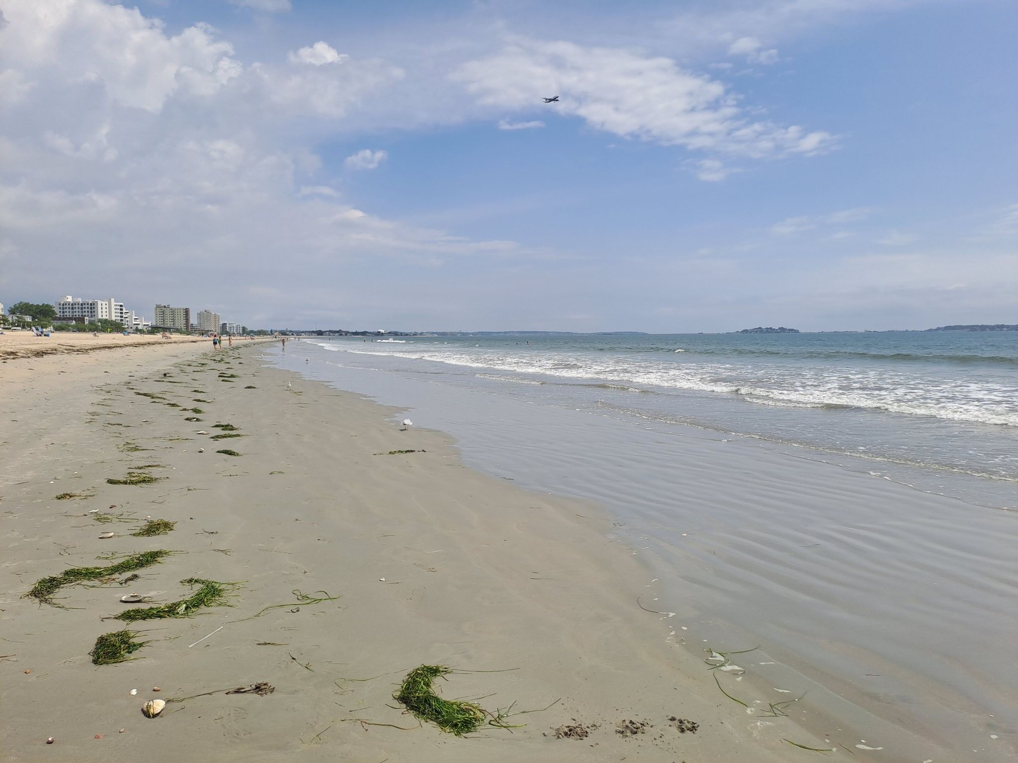 Sandy beach with footprints and seaweed, ocean waves, cloudy sky. - Revere Beach loop from Beachmont