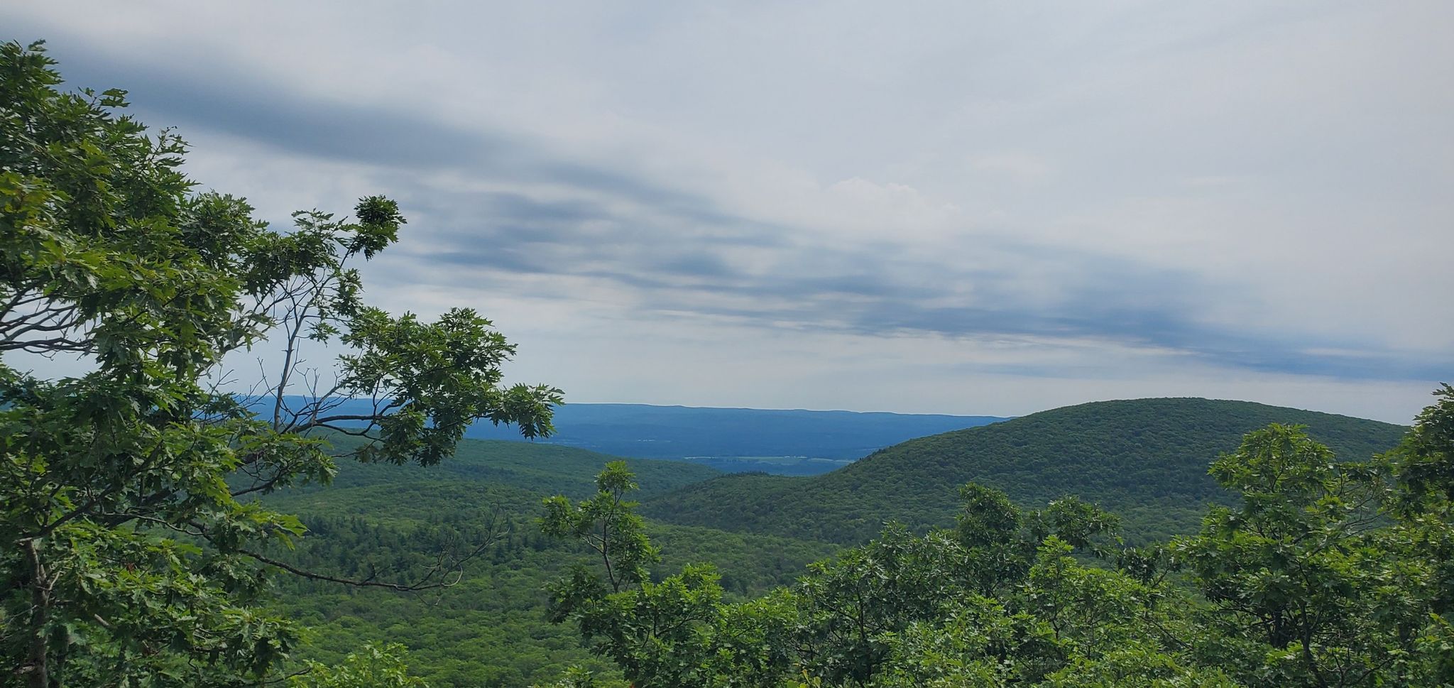 Lush green trees frame a view of rolling forested hills under cloudy sky. - Round Mountain – Highest Point in Connecticut loop from Mount Frissell