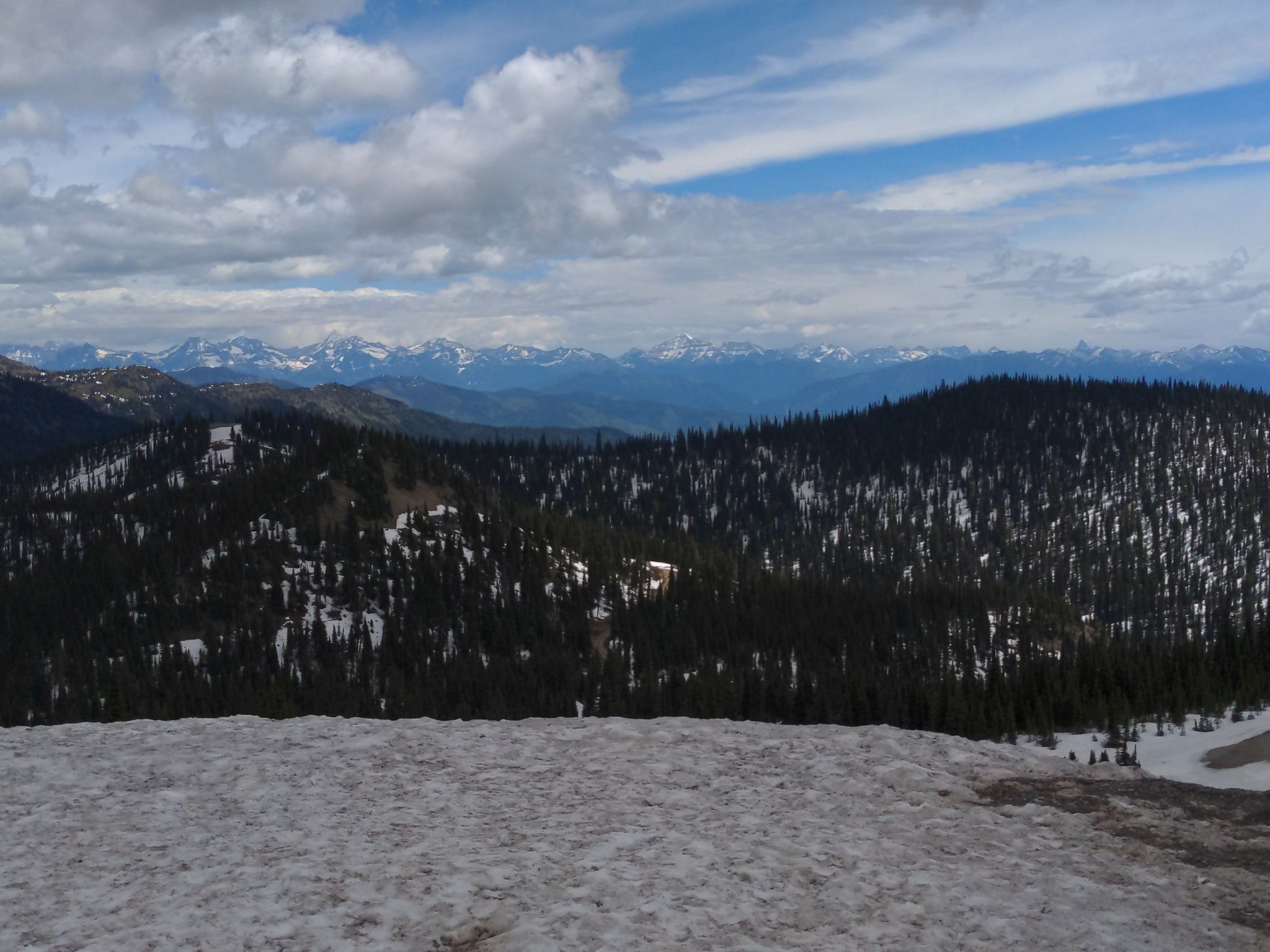Panoramic view of a vast evergreen forest and distant mountains from a snowy ridge. - Summit Trail
