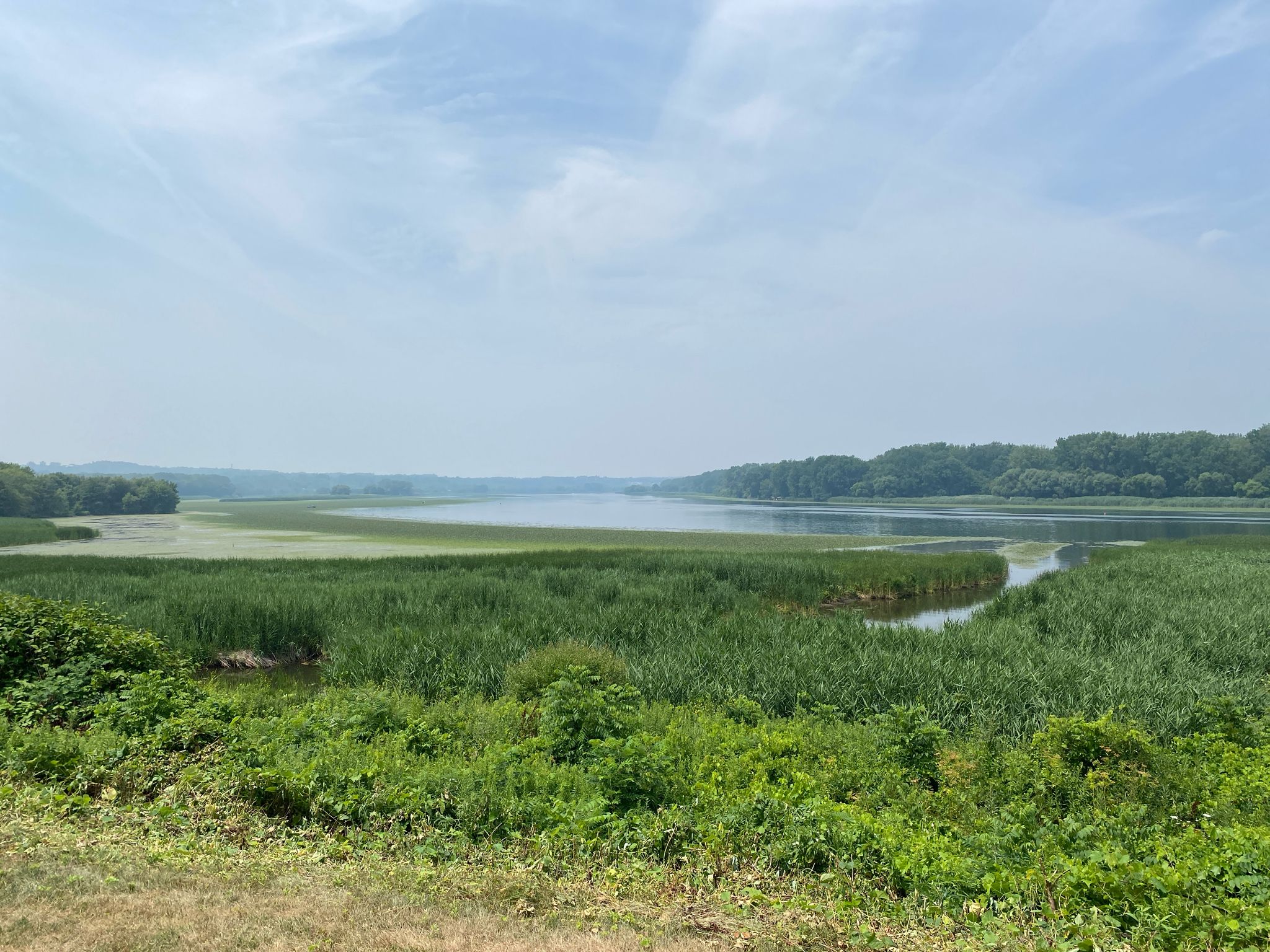 Vast marshland and river under a hazy sky with distant trees. - Mohawk River view loop from Crescent Station