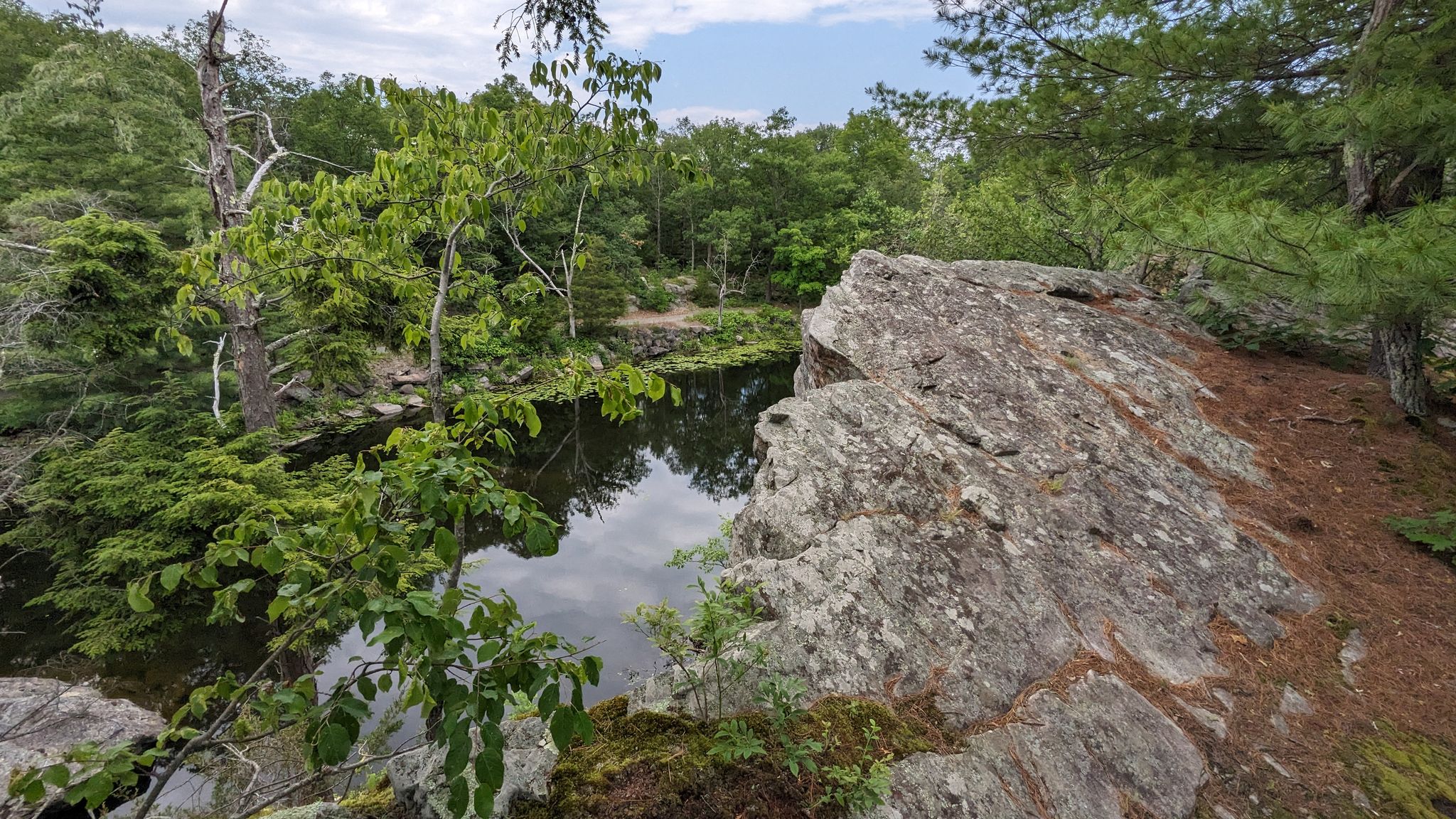 Rocky outcrop overlooks a dark pond surrounded by dense green forest. - Ridge and Chodikee Trail Loop
