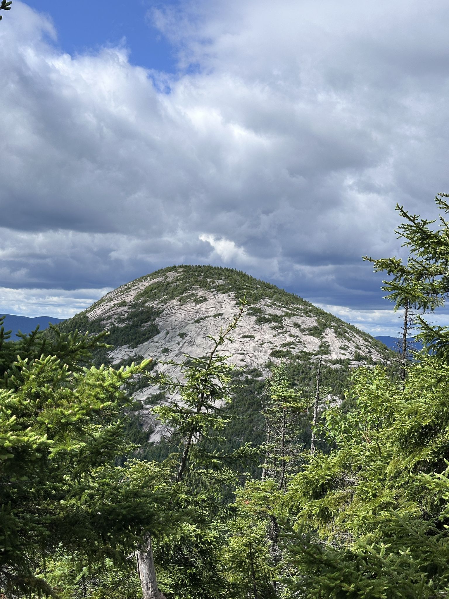 Dome-shaped rocky mountain peak rises above green forest under cloudy sky. - Percy Peaks Loop Trail