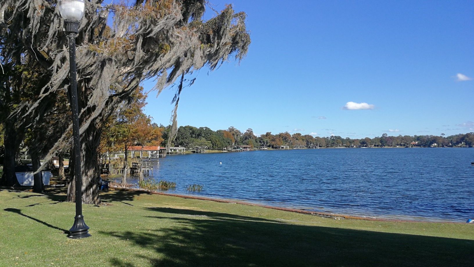 Sunny view of a wide blue lake with moss-draped trees and a lamppost. - Lake Eola Park Loop – Cady Way Trail loop from Orlando Health