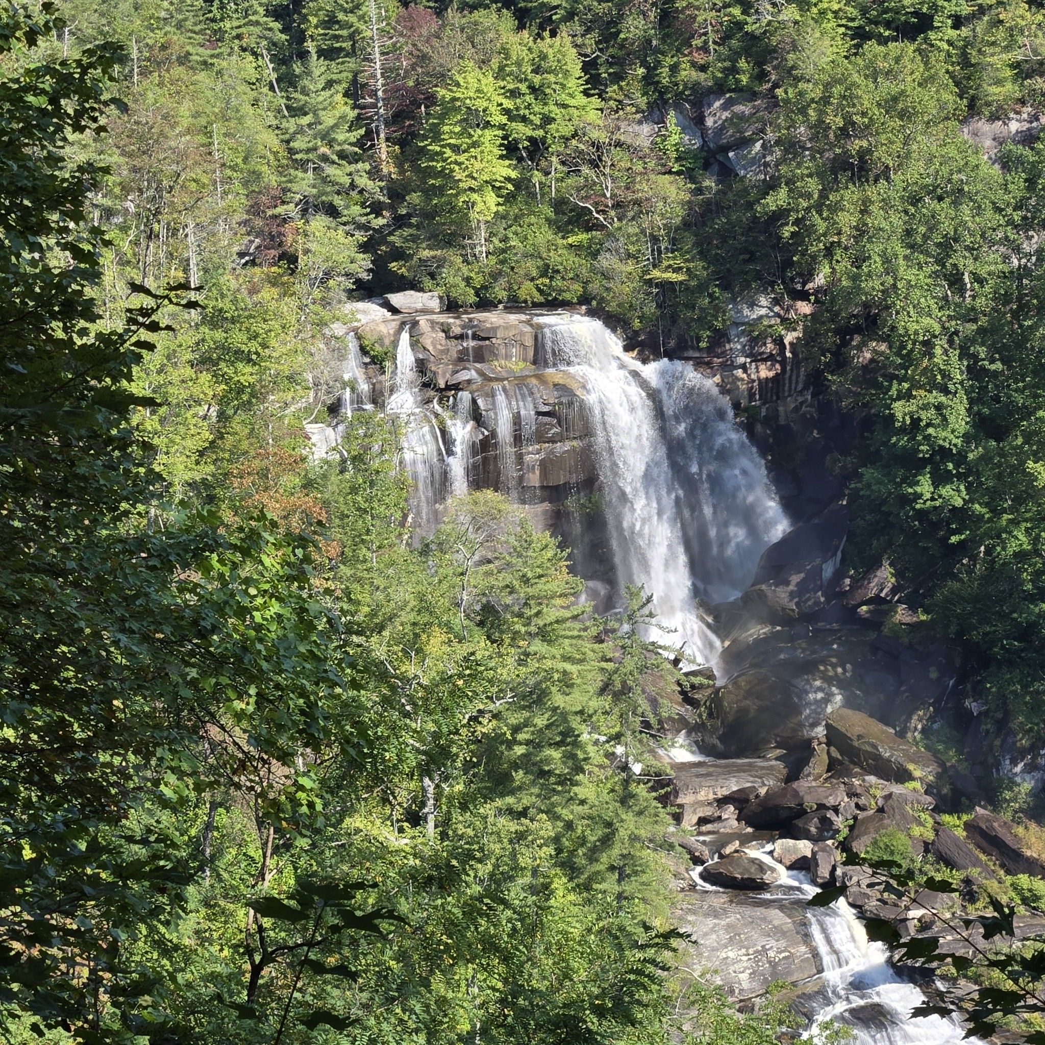 Wide waterfall flowing over rocks, surrounded by dense green forest. - Hiking loop from Whitewater Falls Parking Area