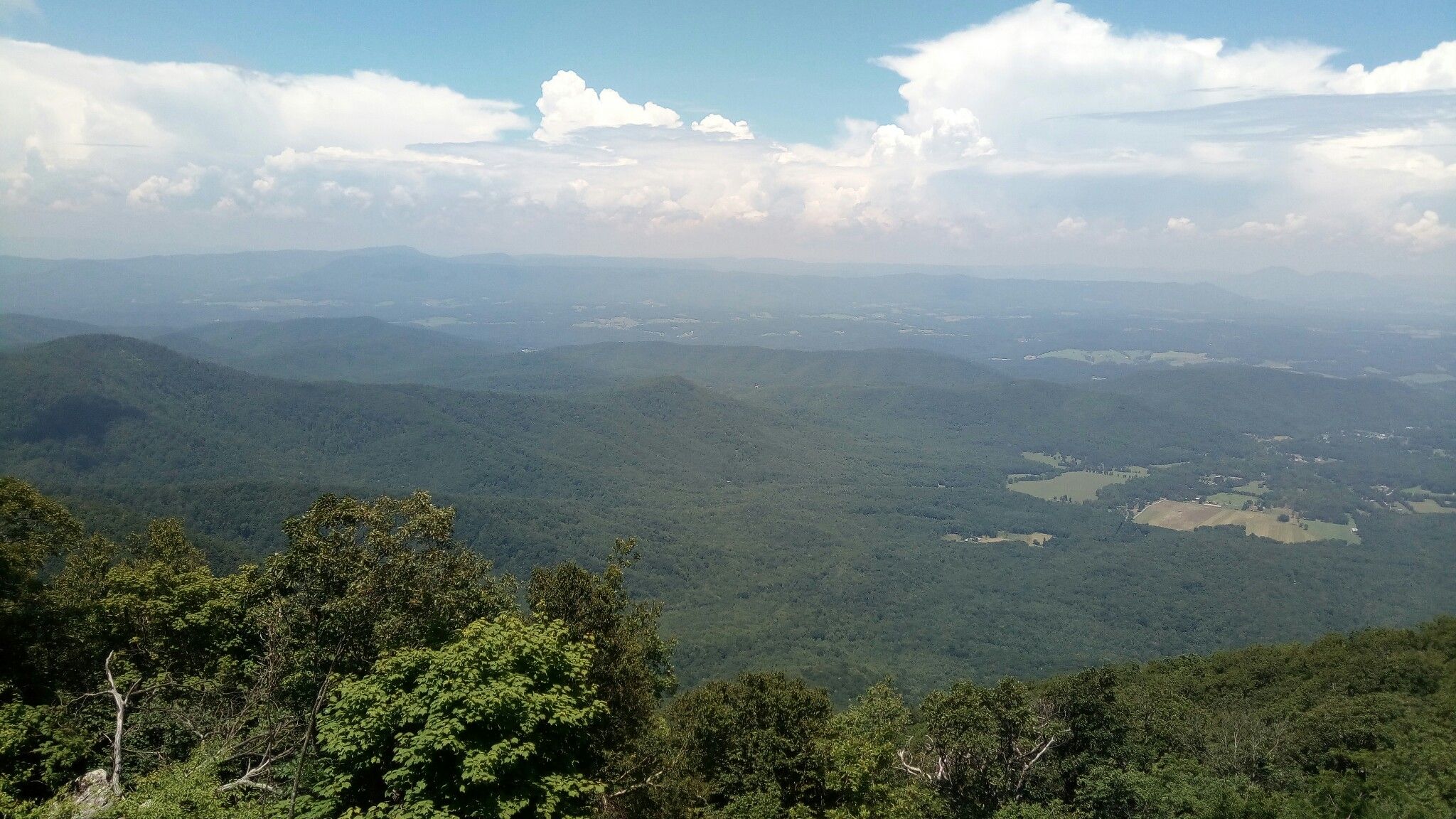 Vast forested mountain range under a bright, cloudy sky, with distant valleys. - James River to Abbott Lake loop