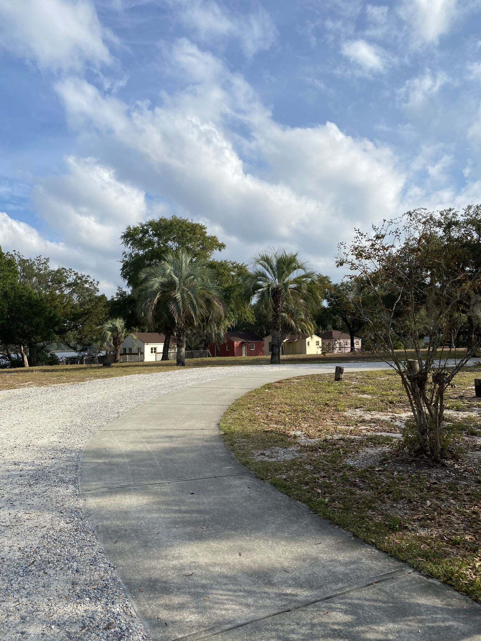 Paved path curves through a grassy area with trees under a bright, cloudy sky. - Camp Helen North Trail