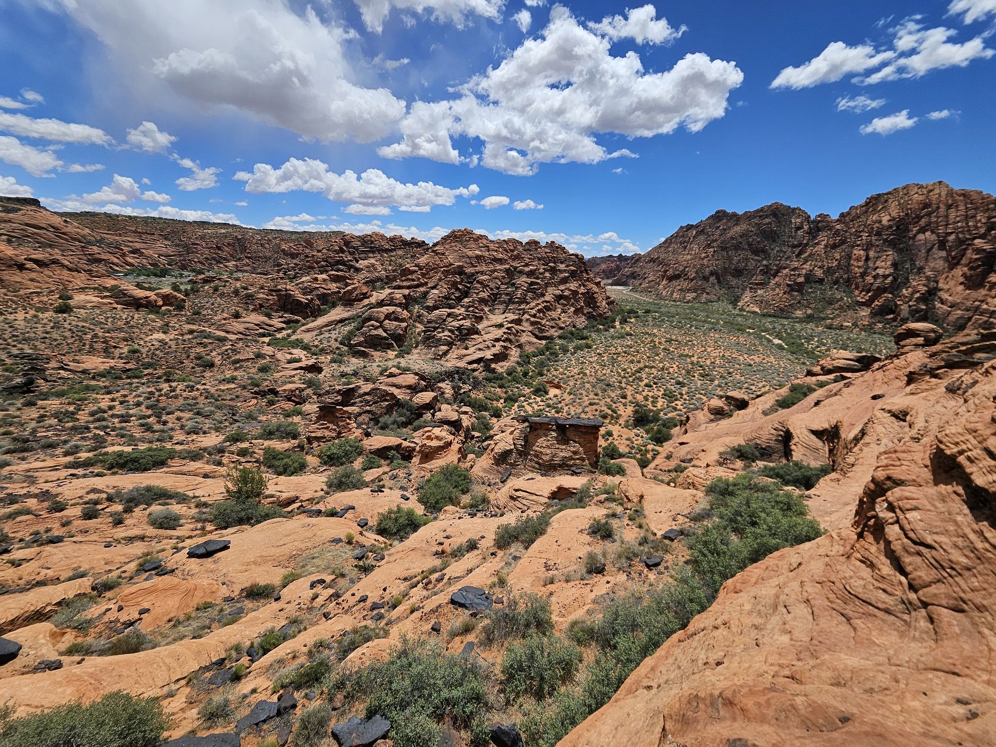 Expansive desert landscape with red rock formations, green brush, and cloudy blue sky. - Hidden Pinyon