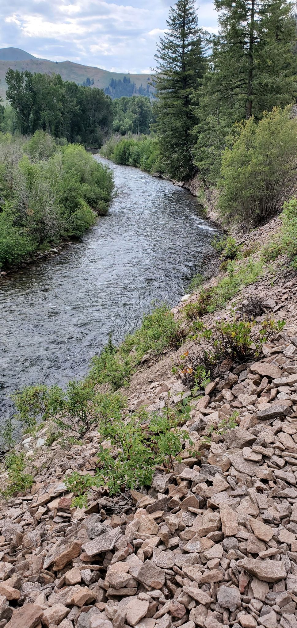 A river flows through a green, rocky landscape under cloudy skies. - Running loop from Sun Valley