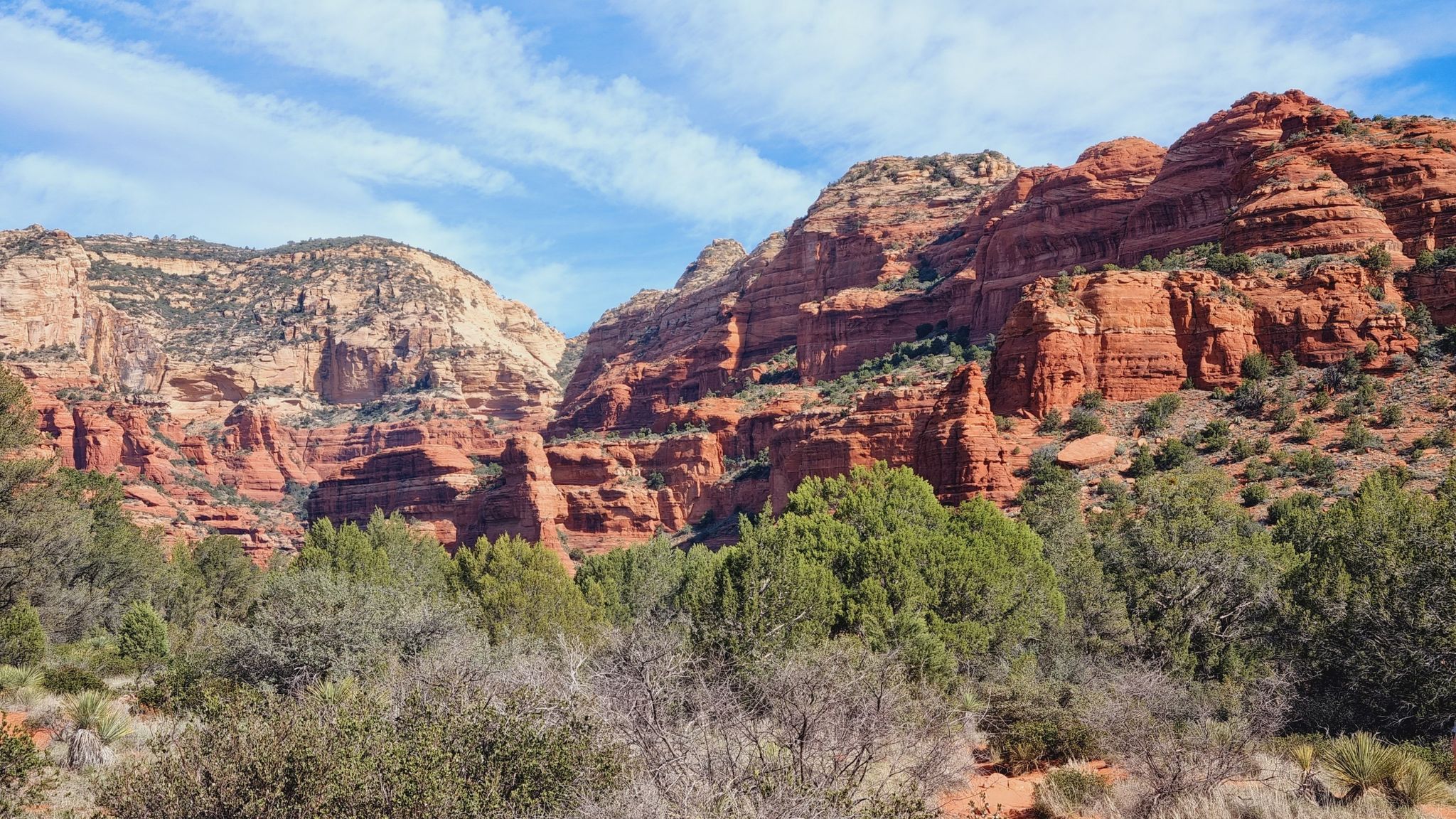 Red rock mountains and green trees under a blue sky with clouds. - Fay Canyon Arch Trail