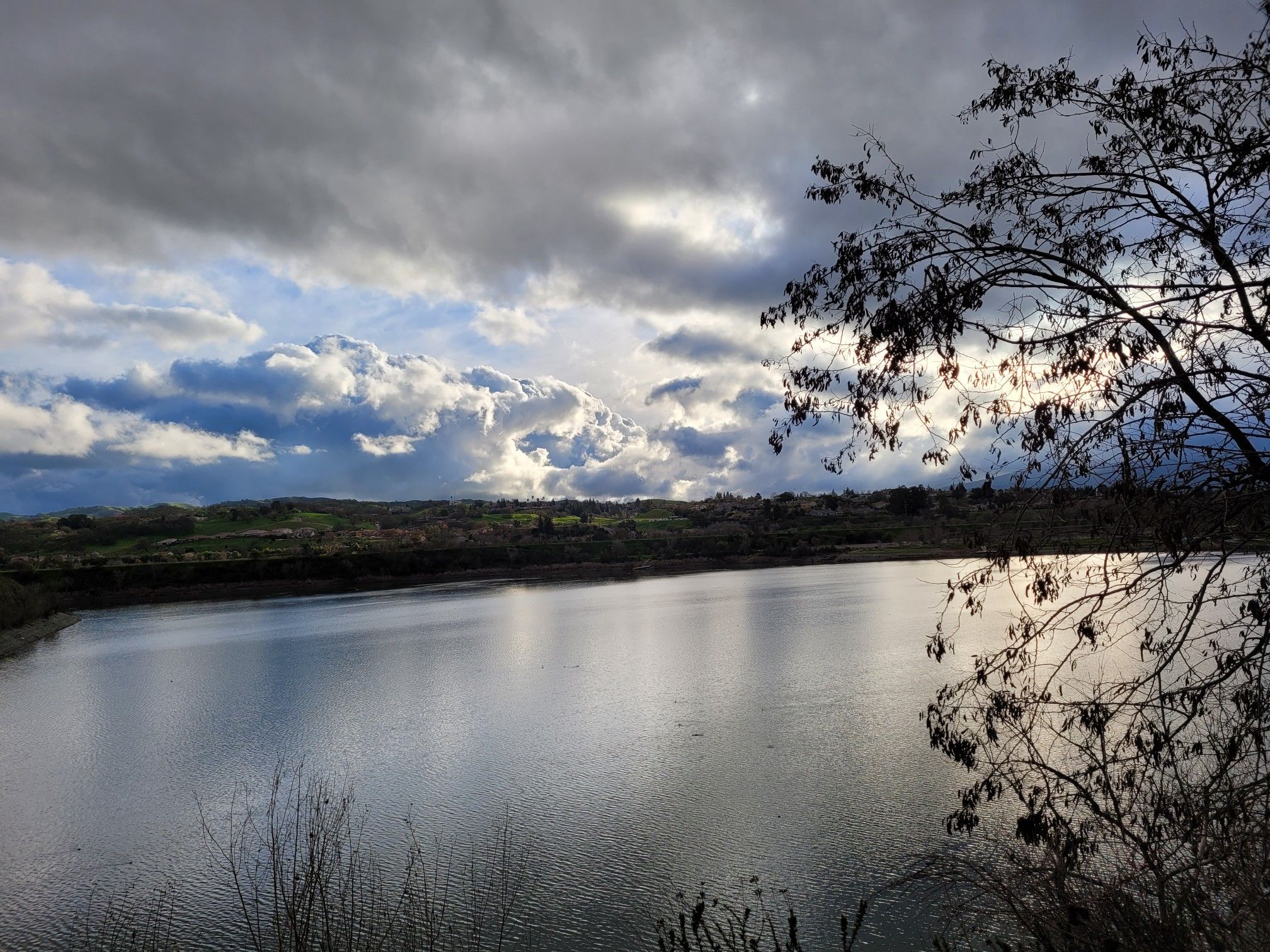 A calm lake under a dramatic cloudy sky with silhouetted trees. - Foothill Road Loop