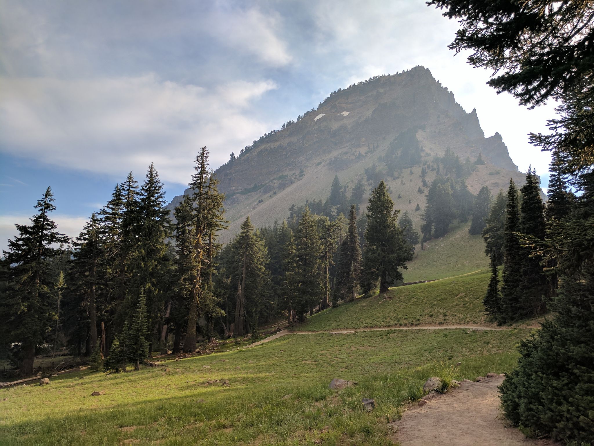 Sunny meadow with a dirt path leading to a large, forested mountain. - Sun Notch Trail