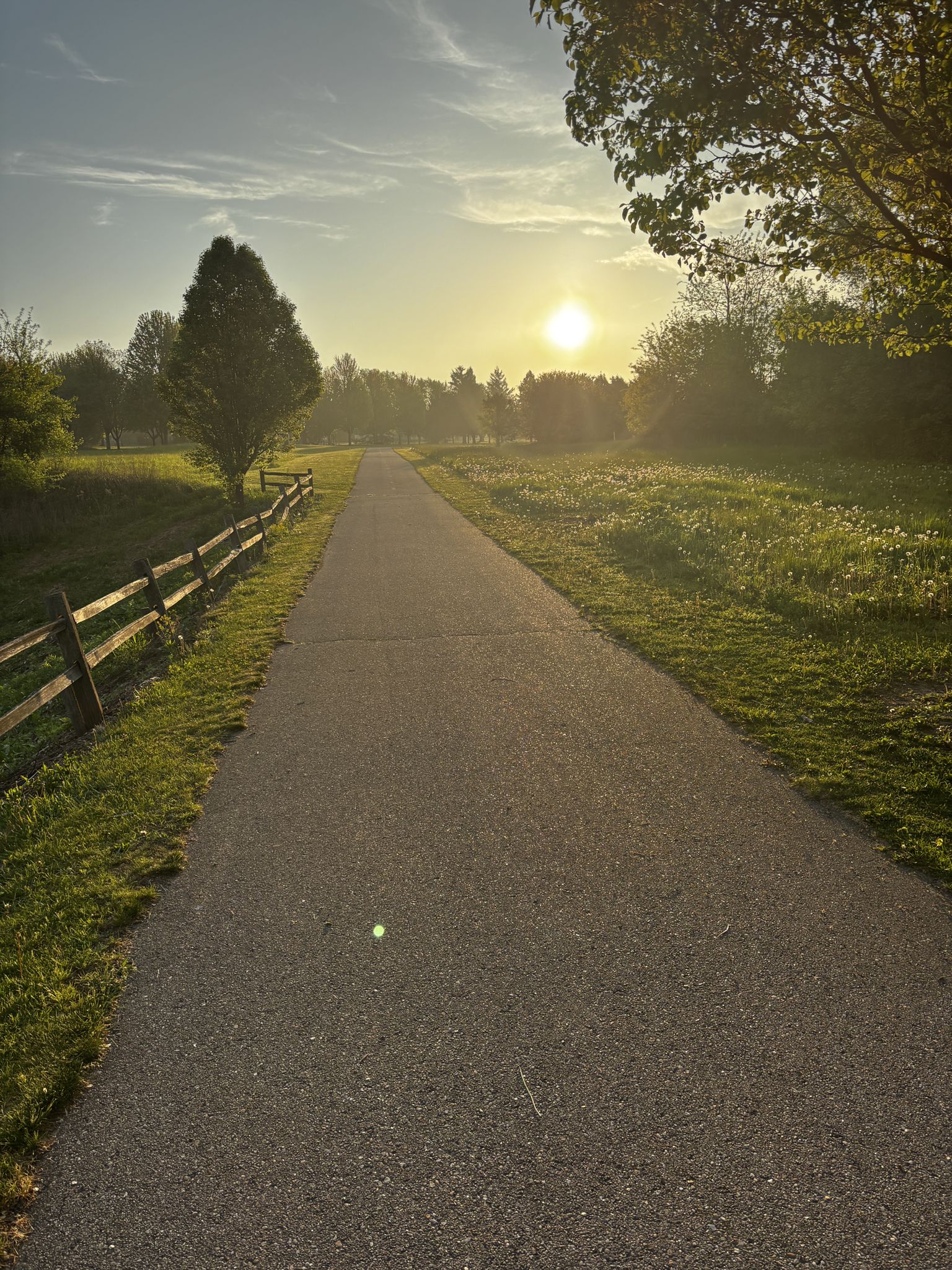 Paved path through a green landscape, bathed in warm golden light. - Ice Age Trail loop from Former General Motors Plant