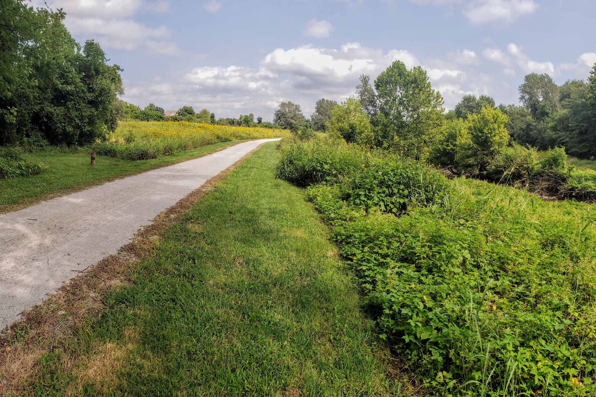 A paved path winds through lush green vegetation under a cloudy sky. - Little Blue Trace Trail – Little Blue Trail Park loop from Country Meadows South