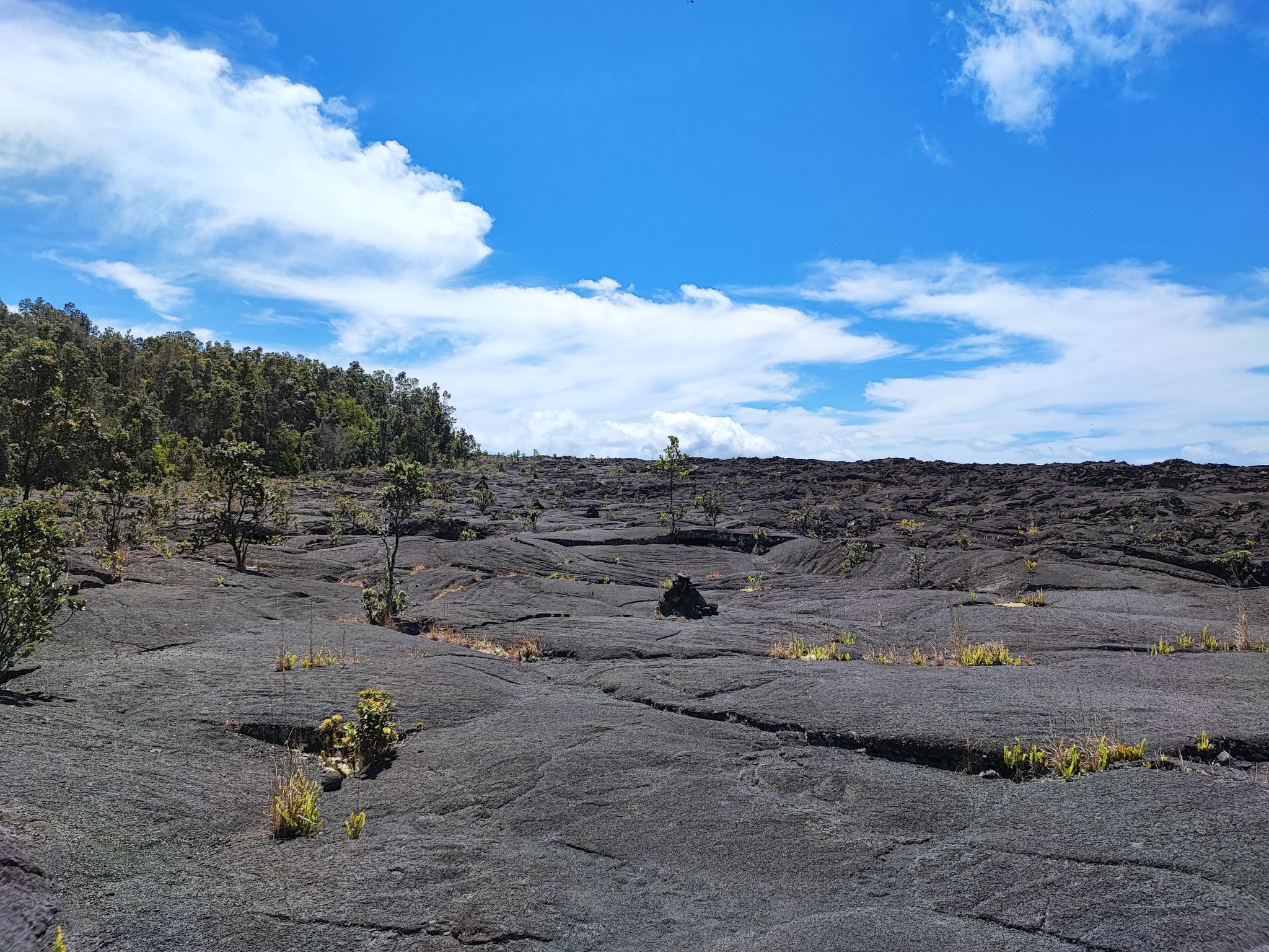 Vast, dark, uneven lava field under a bright, cloudy blue sky. - Pu‘u Huluhulu Trail – Hawai‘i Volcanoes National Park