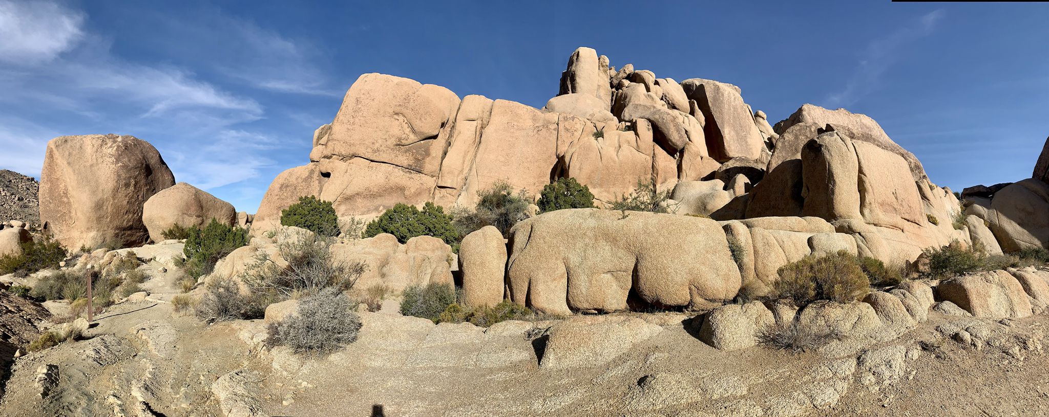Panoramic view of numerous large, rounded rock formations under a blue sky. - Split Rock Loop Trail