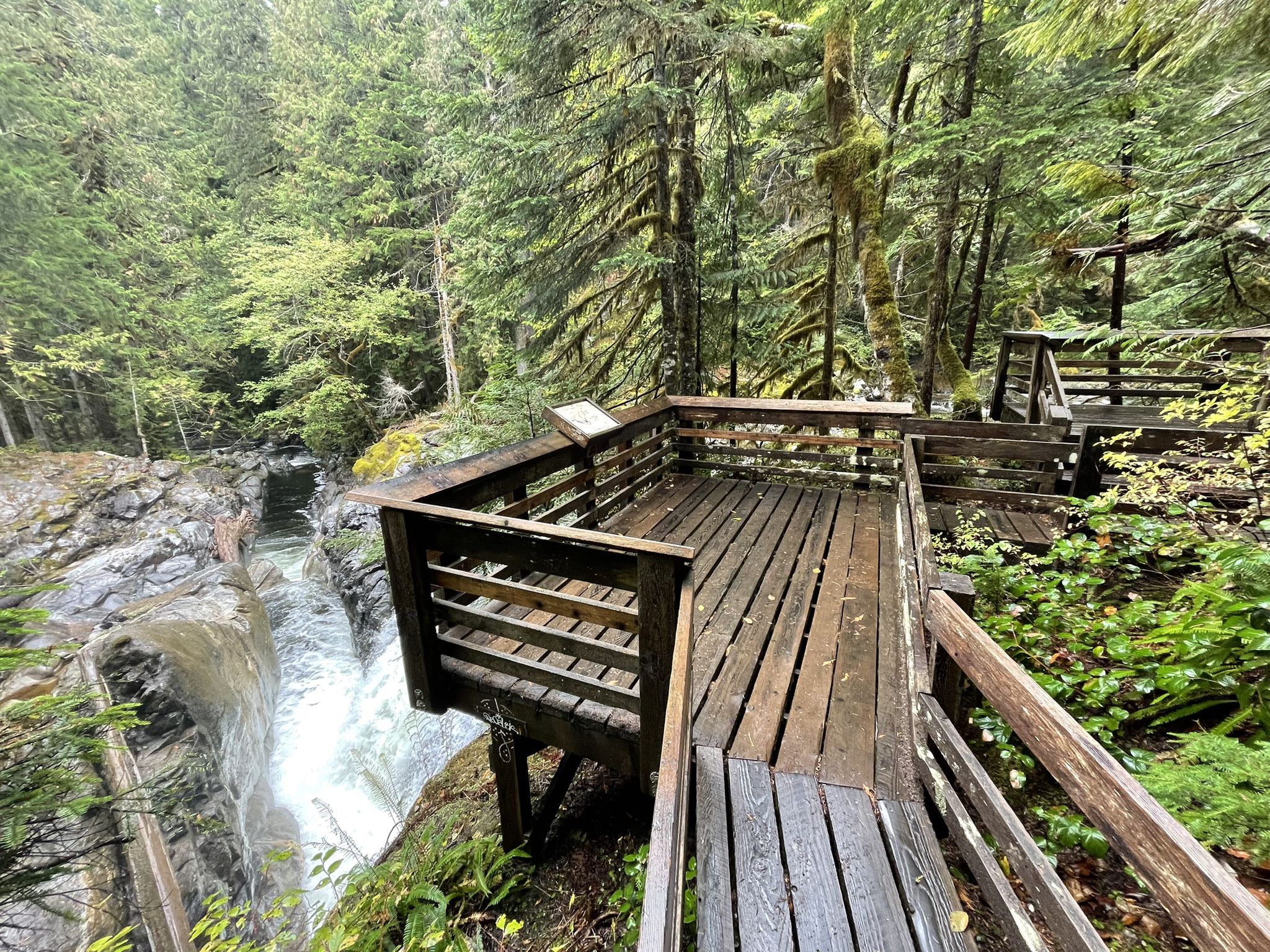 Wooden viewing platform overlooking a powerful waterfall in a lush green forest. - Deception Falls Trail