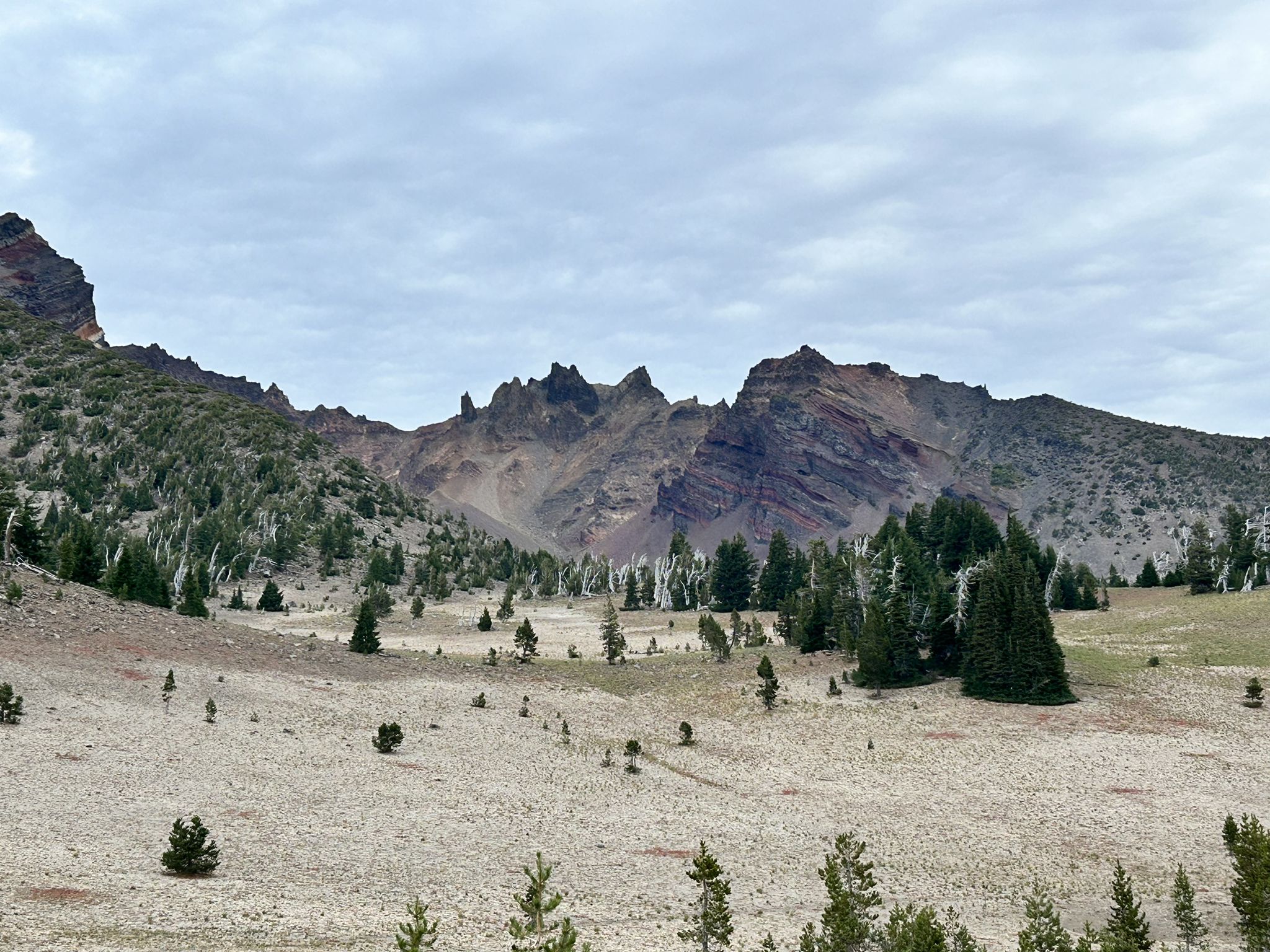 Valley with sparse trees, rocky mountains, and cloudy sky. - Broken Top Loop