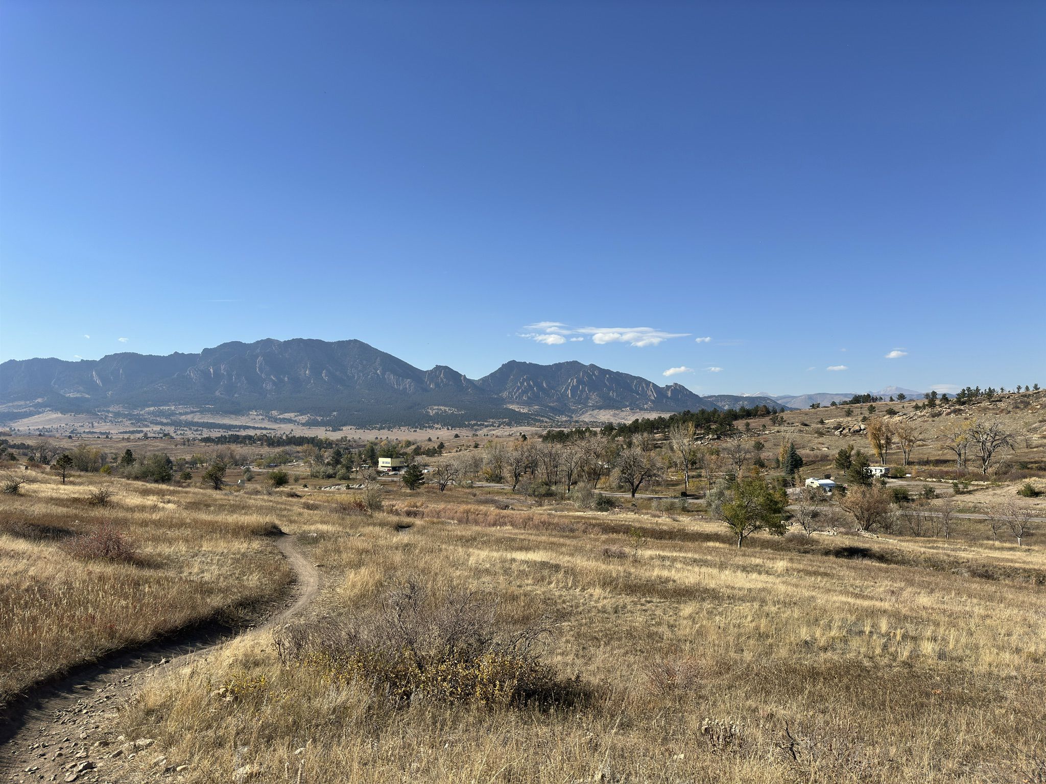 Winding dirt path through dry fields with distant mountains. - Davidson Mesa Overlook – Adler-Fingru Open Space loop from Louisville
