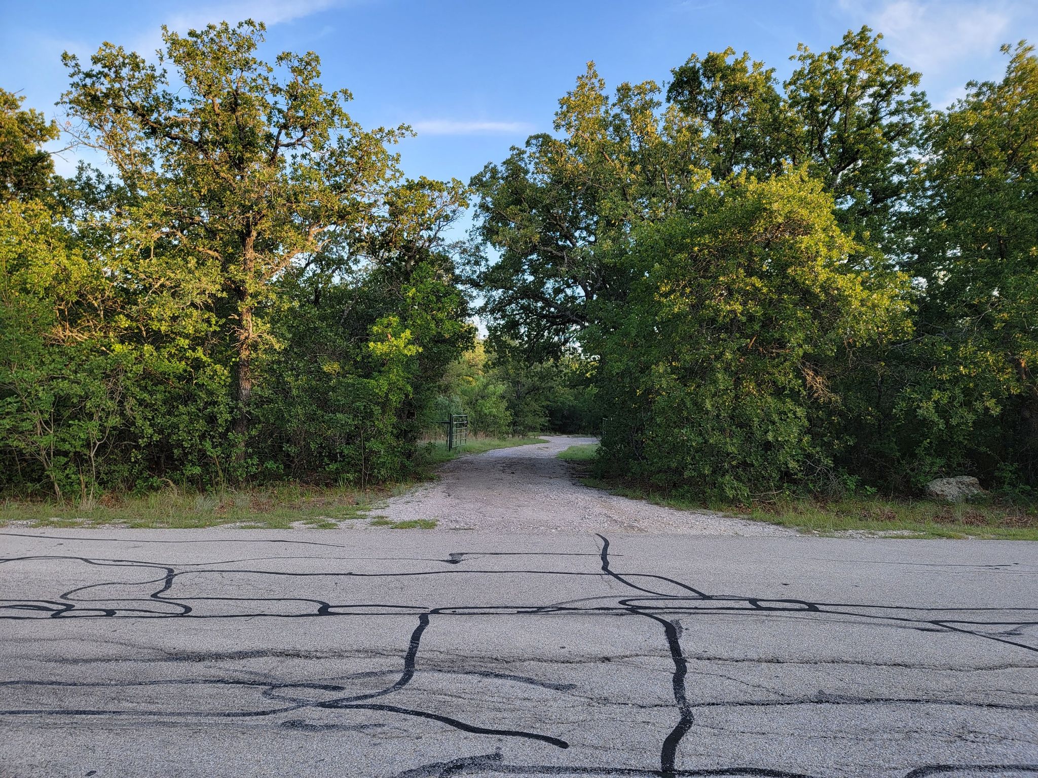 Paved road leading to a dirt path surrounded by green trees under blue sky. - Red Waterfront Trail to Penitentiary Hollow