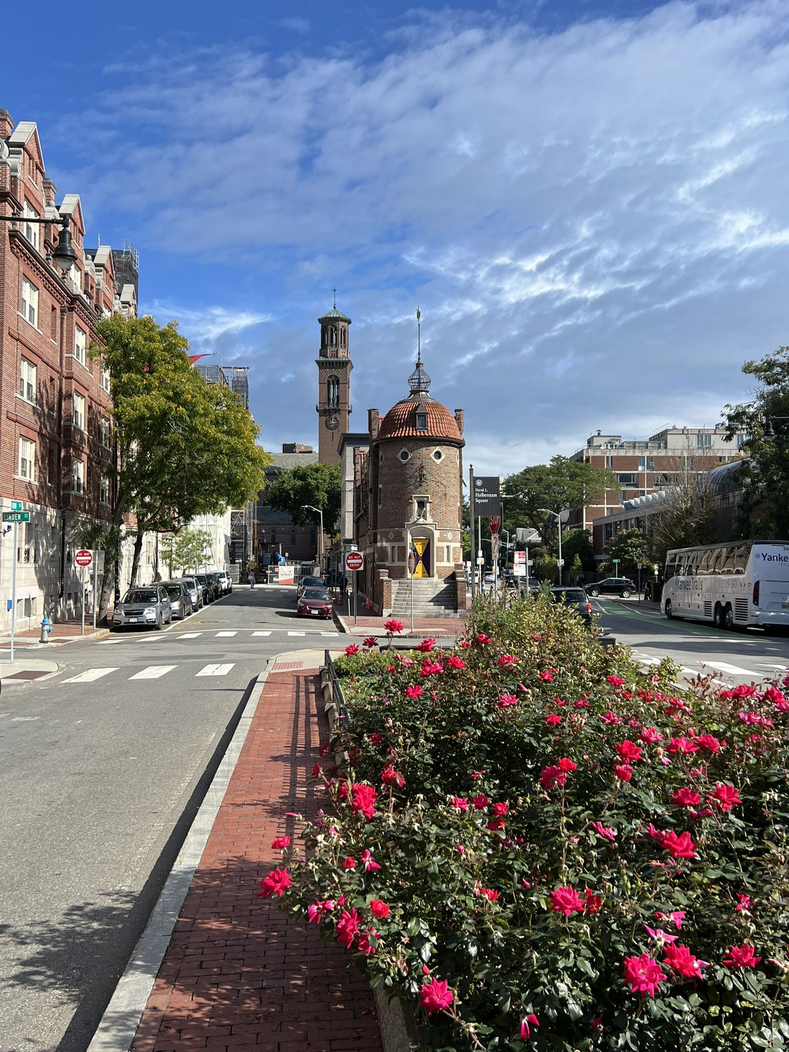 A city street with red flowers, a round stone building, and traffic. - Harvard Square – Harvard University Campus loop from Cambridge
