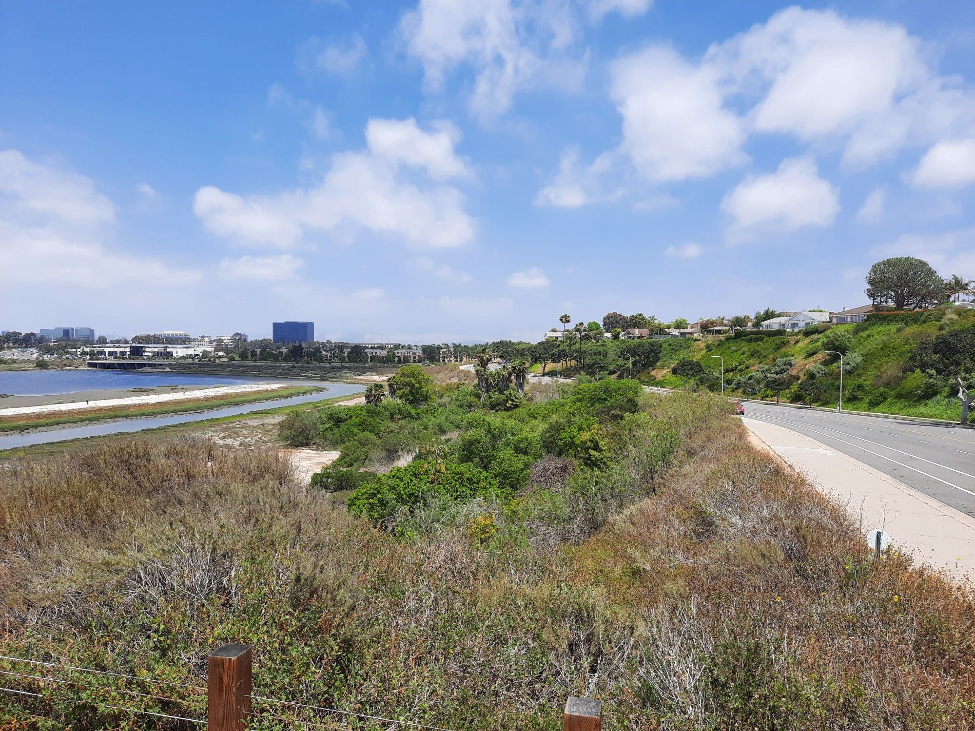 A paved road and dirt path alongside a wetland, with distant buildings under a cloudy sky. - Back Bay Loop Trail
