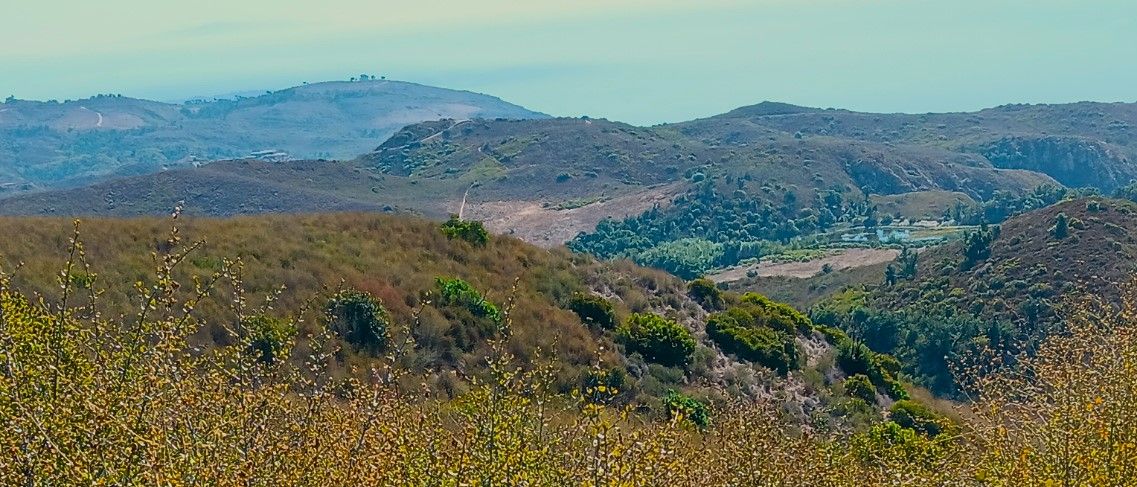 Expansive view of green and brown rolling hills under a hazy sky. - Nicholas Flat Trail loop from Nicholas Flat Natural Preserve