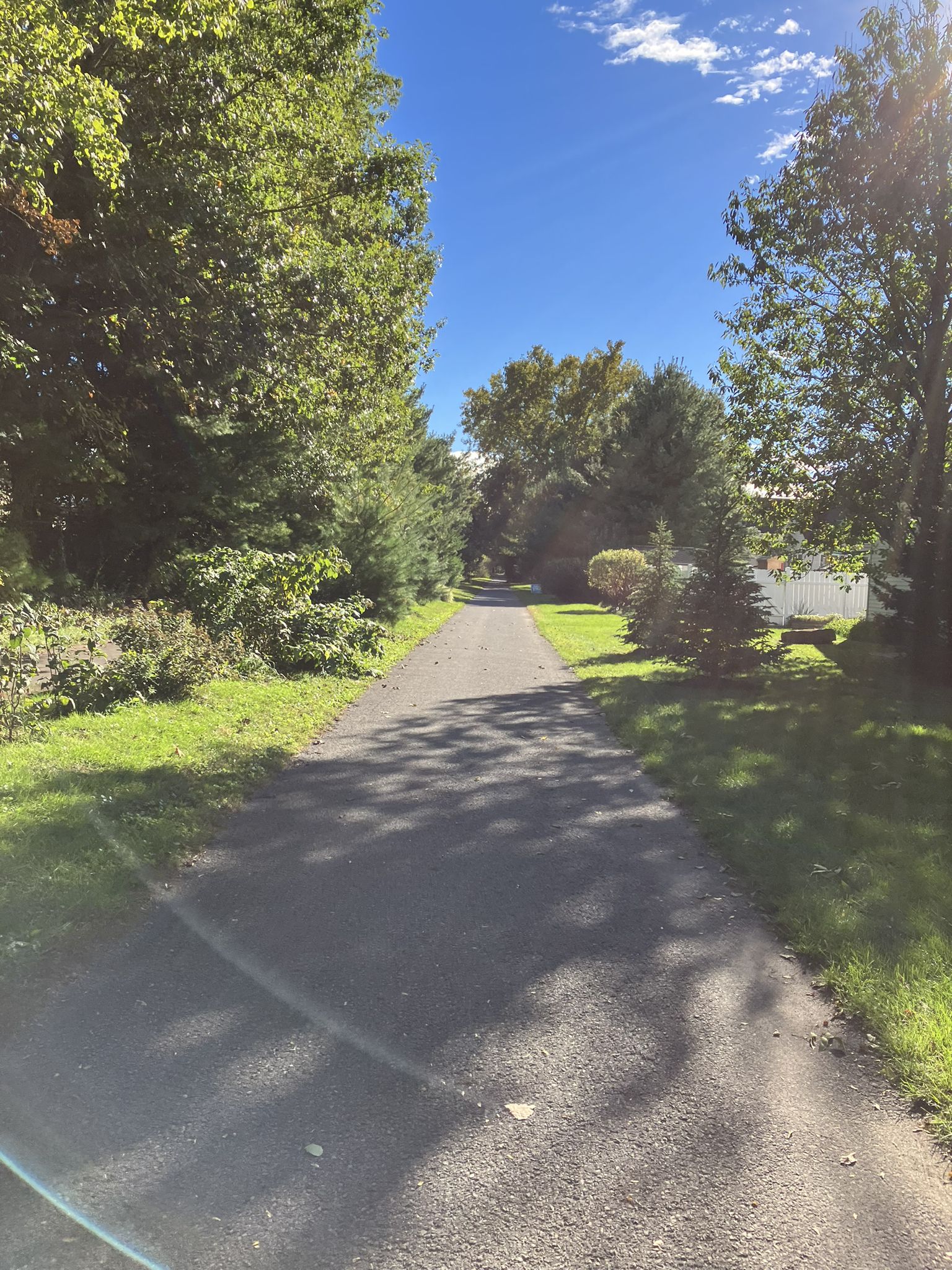 Sunny paved path winding through green trees and grassy areas. - Hall of Springs – Railroad Run Trail loop from Saratoga Springs