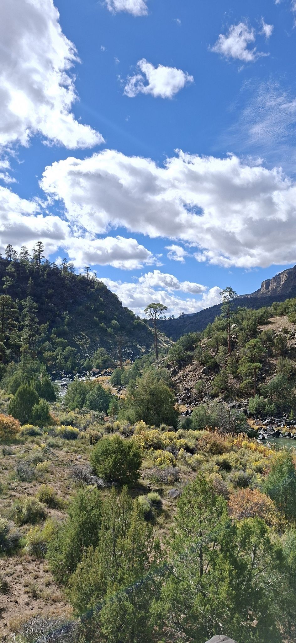 Green valley with a river, distant mountains, and cloudy blue sky. - Big Arsenic Trail