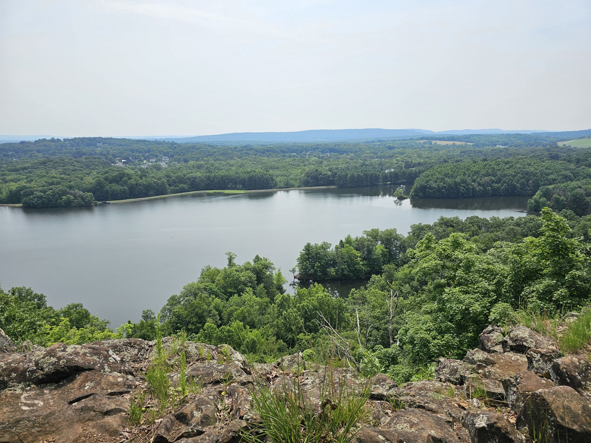 Overlook of a calm lake surrounded by dense green summer forests. - Metacomet Trail Loop