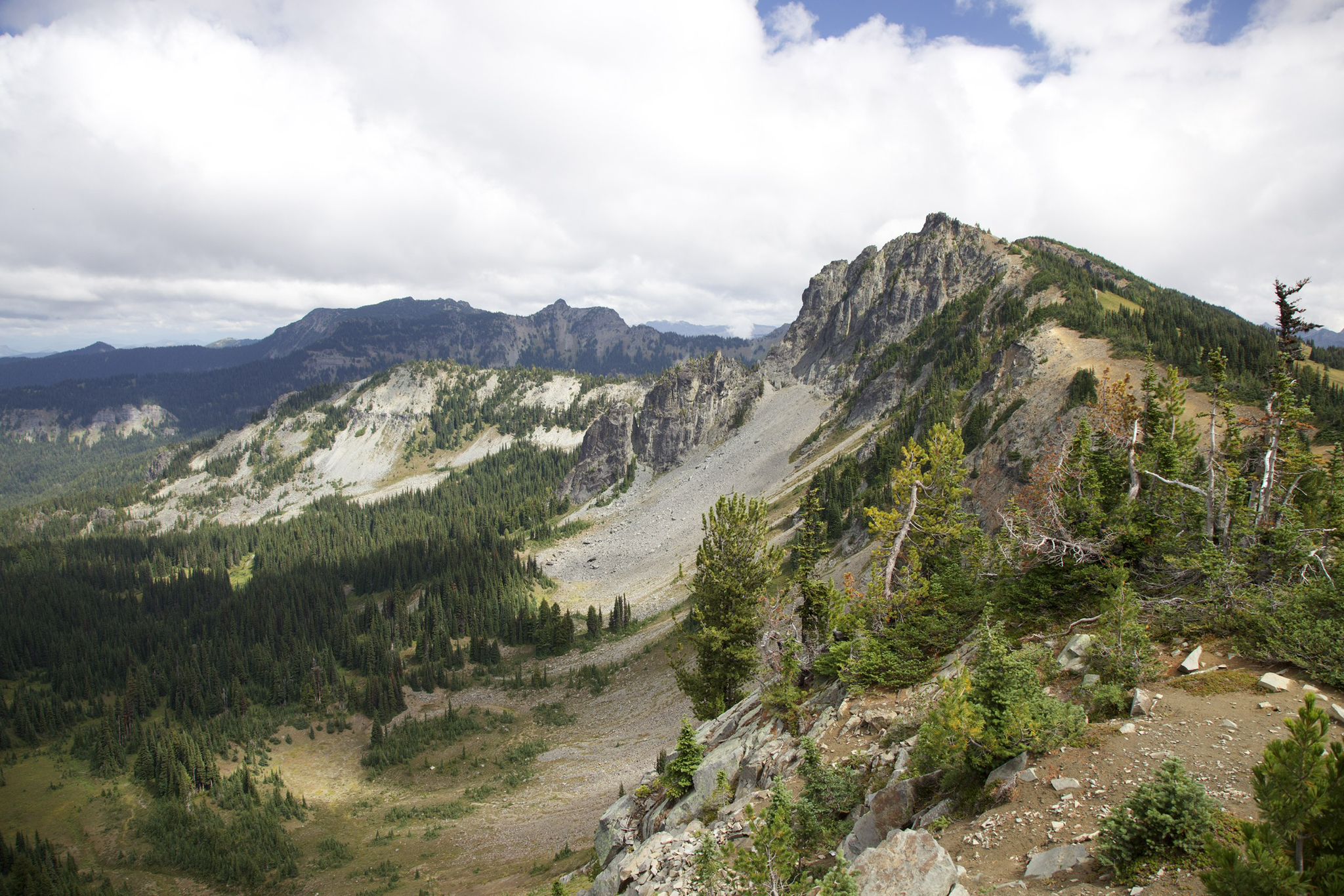 Expansive view of rugged mountains, evergreen forests, and a cloudy sky. - Tipsoo Lake – Chinook Pass loop from Crystal Lake Trailhead