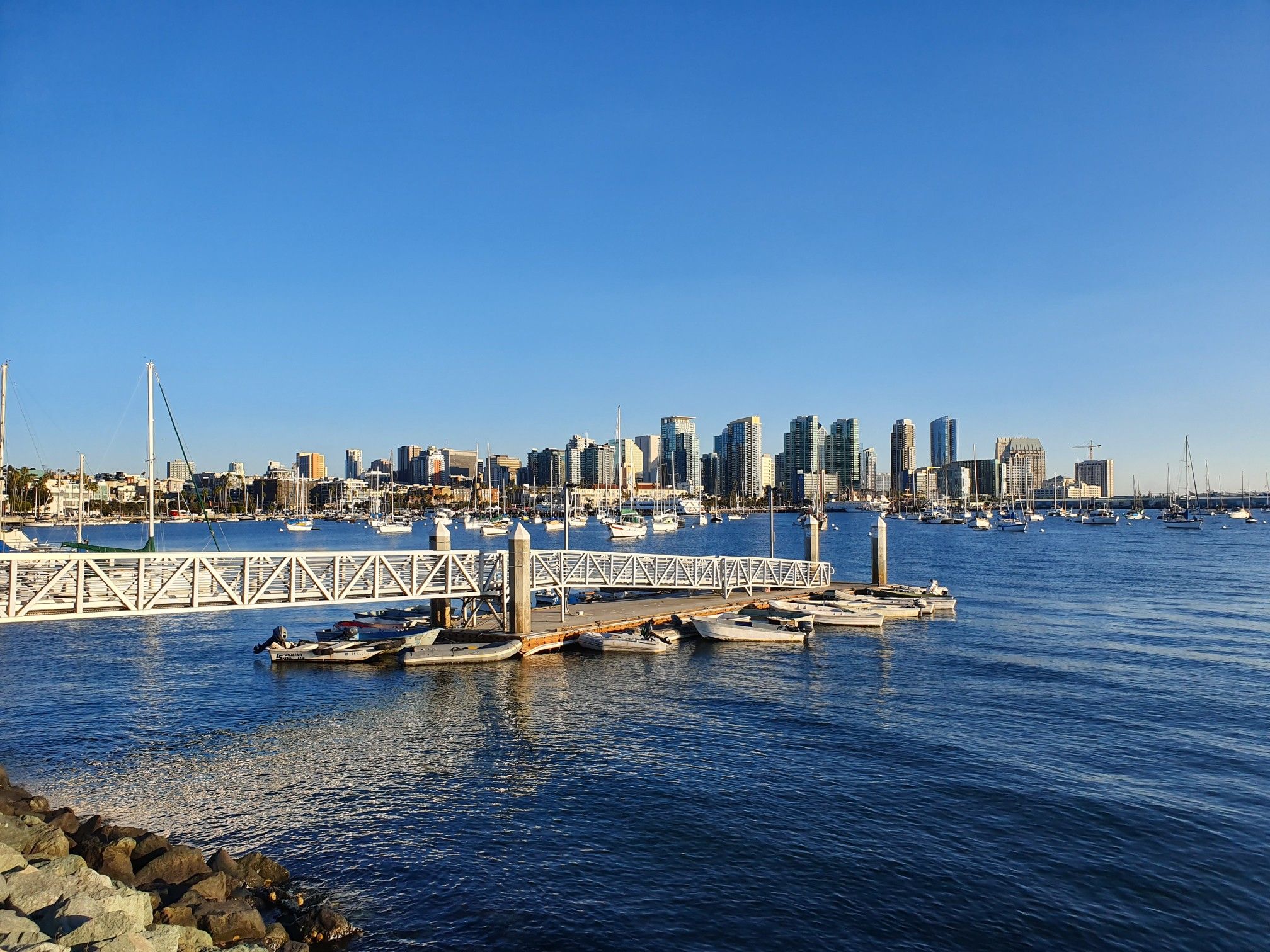 A city skyline across a bay with boats and a white pier. - Seaport Village to Point Loma via San Diego Harbor