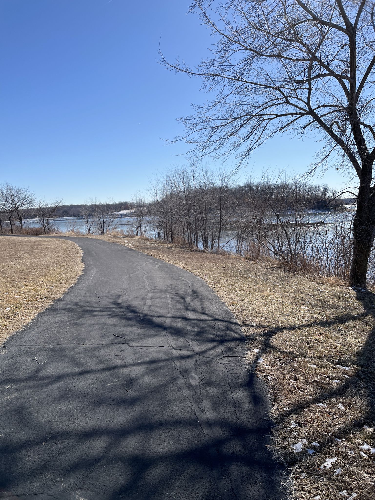 Paved path curving beside a sunny lake with bare trees and dry grass. - Copperhead Ridge Trail loop from Smoke and Davey Trailhead Parking