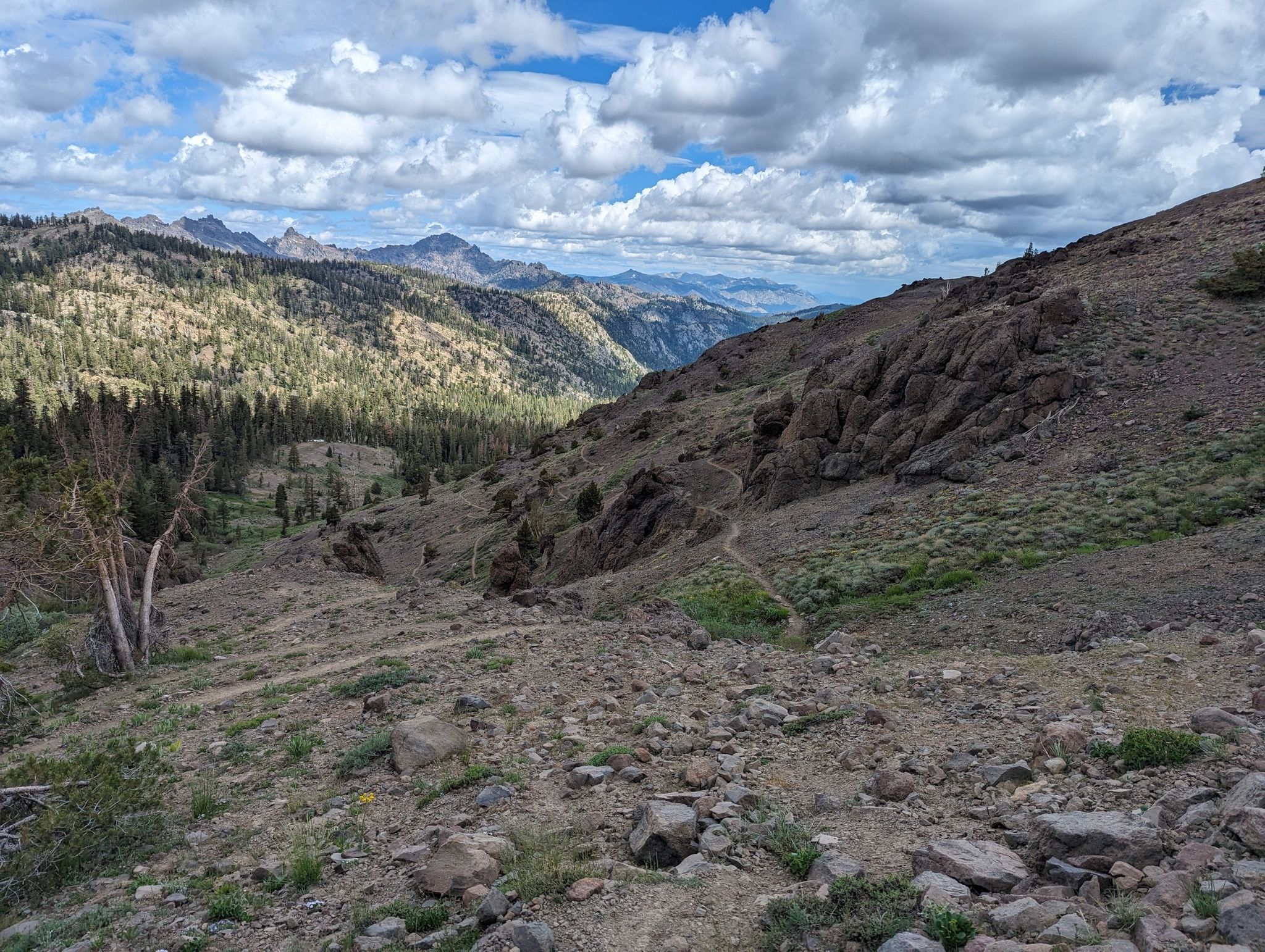 A steep, rocky mountain slope overlooking a forested valley under a cloudy sky. - Noble Lake via PCT