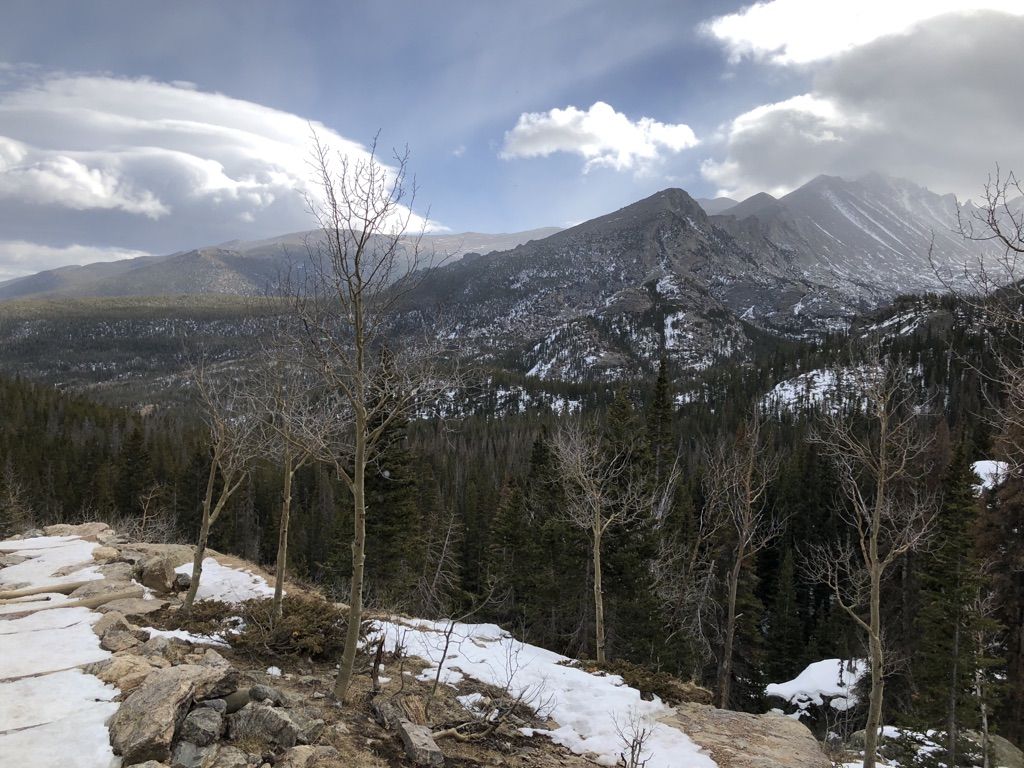 Snowy landscape with bare trees, pine forest, and distant mountains under clouds. - Bear Lake Trailhead – Dream Lake loop from Dream Lake