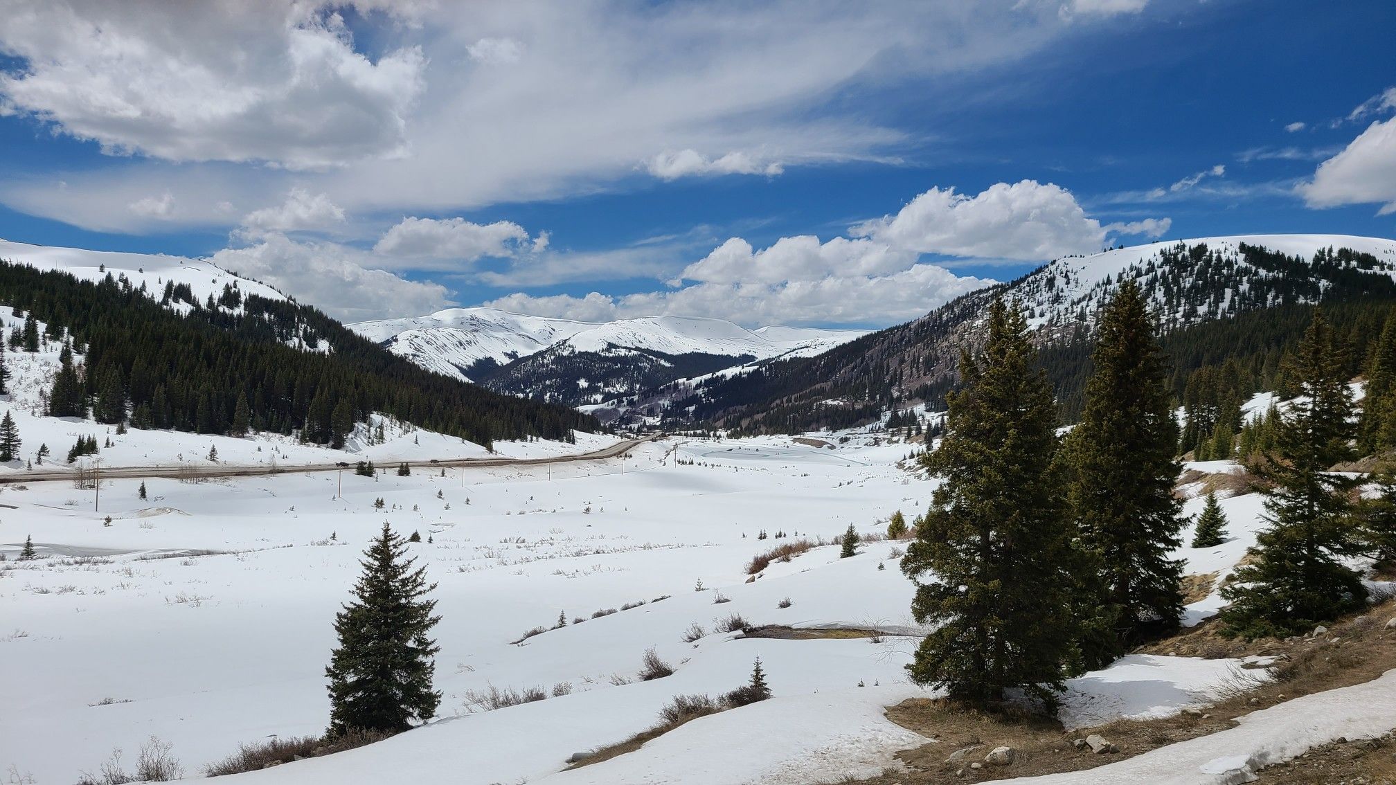 Snowy mountain valley with pine trees under a partly cloudy sky. - Copper Triangle