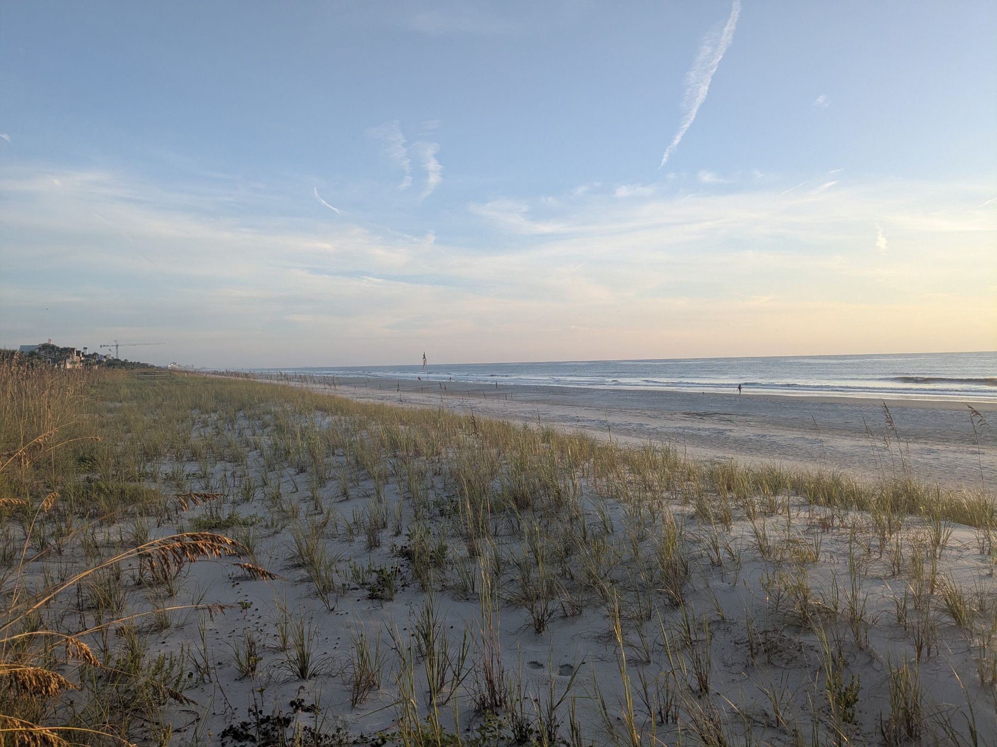 Expansive sandy beach with grassy dunes, ocean, and distant figures under a bright sky. - Jacksonville Beaches - East Coast Greenway Loop