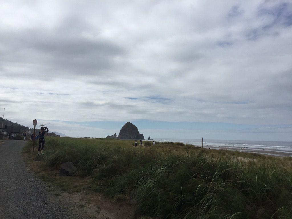 Overcast coastal scene with a large rock, beach, grassy dunes, and a person. - Haystack Rock