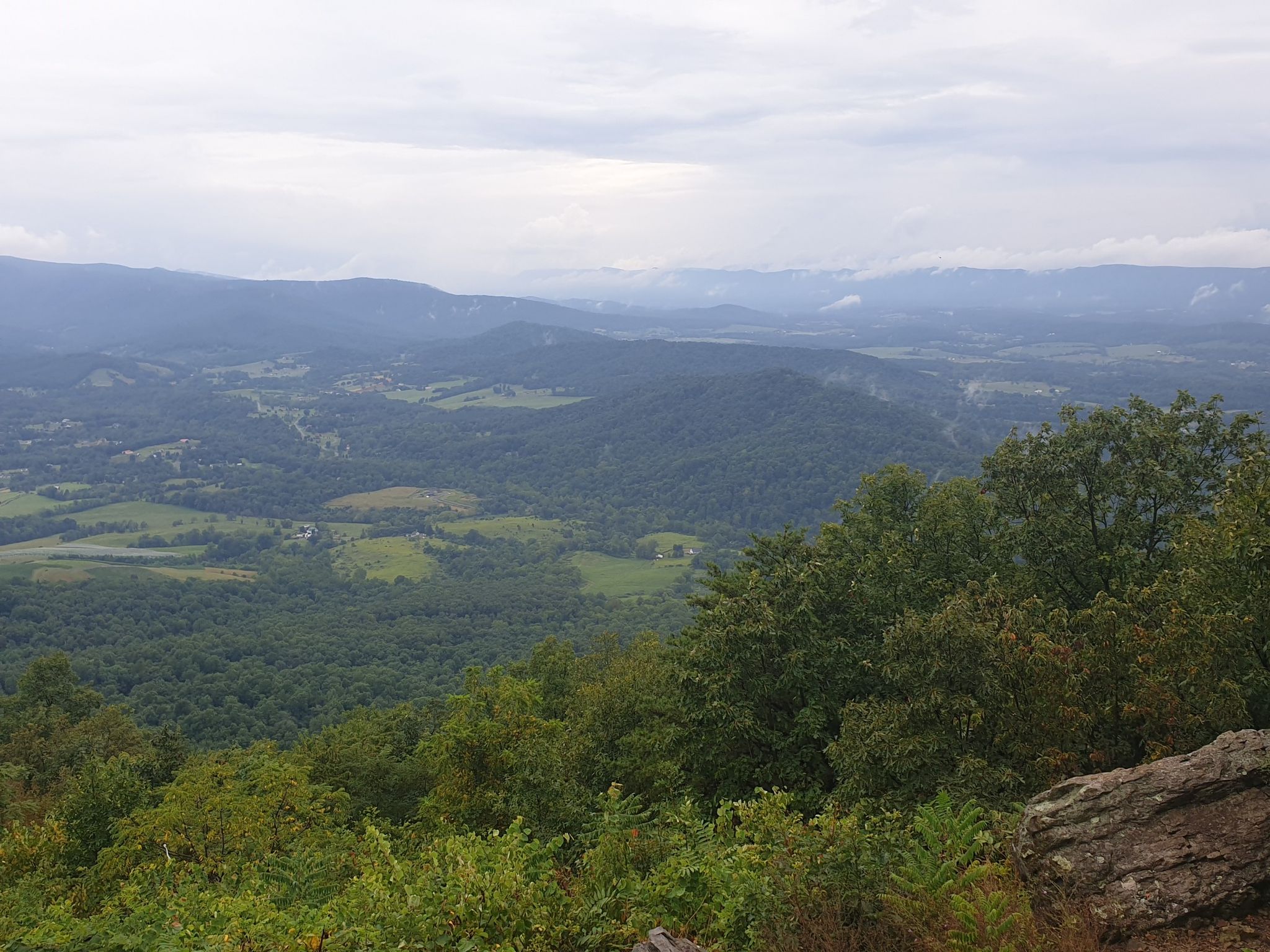 Expansive green mountain valley under an overcast sky, seen from a high vantage. - Dickey Ridge Visitor Center – Carson Mountain loop from Front Royal