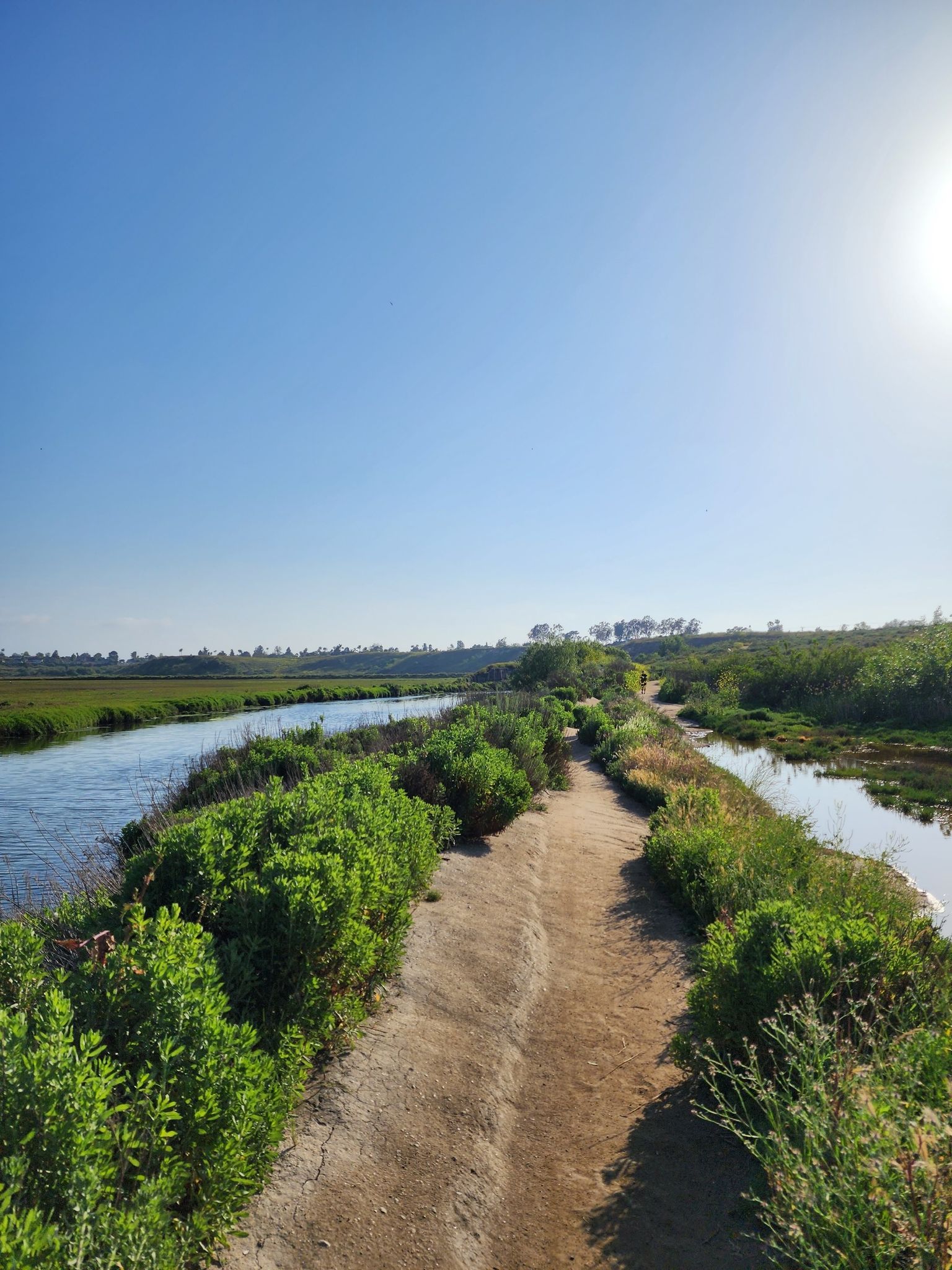 A sunny dirt path winds between two green-lined waterways. - Upper Newport Bay Trail – View of San Diego Creek loop from Red Hill-Kalmus