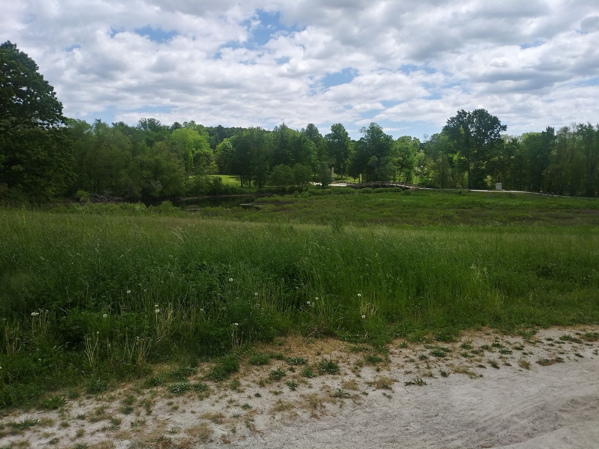 A wide green field with tall grass under a cloudy sky. - Concord Monument Square – Old North Bridge loop from Donovan Drive