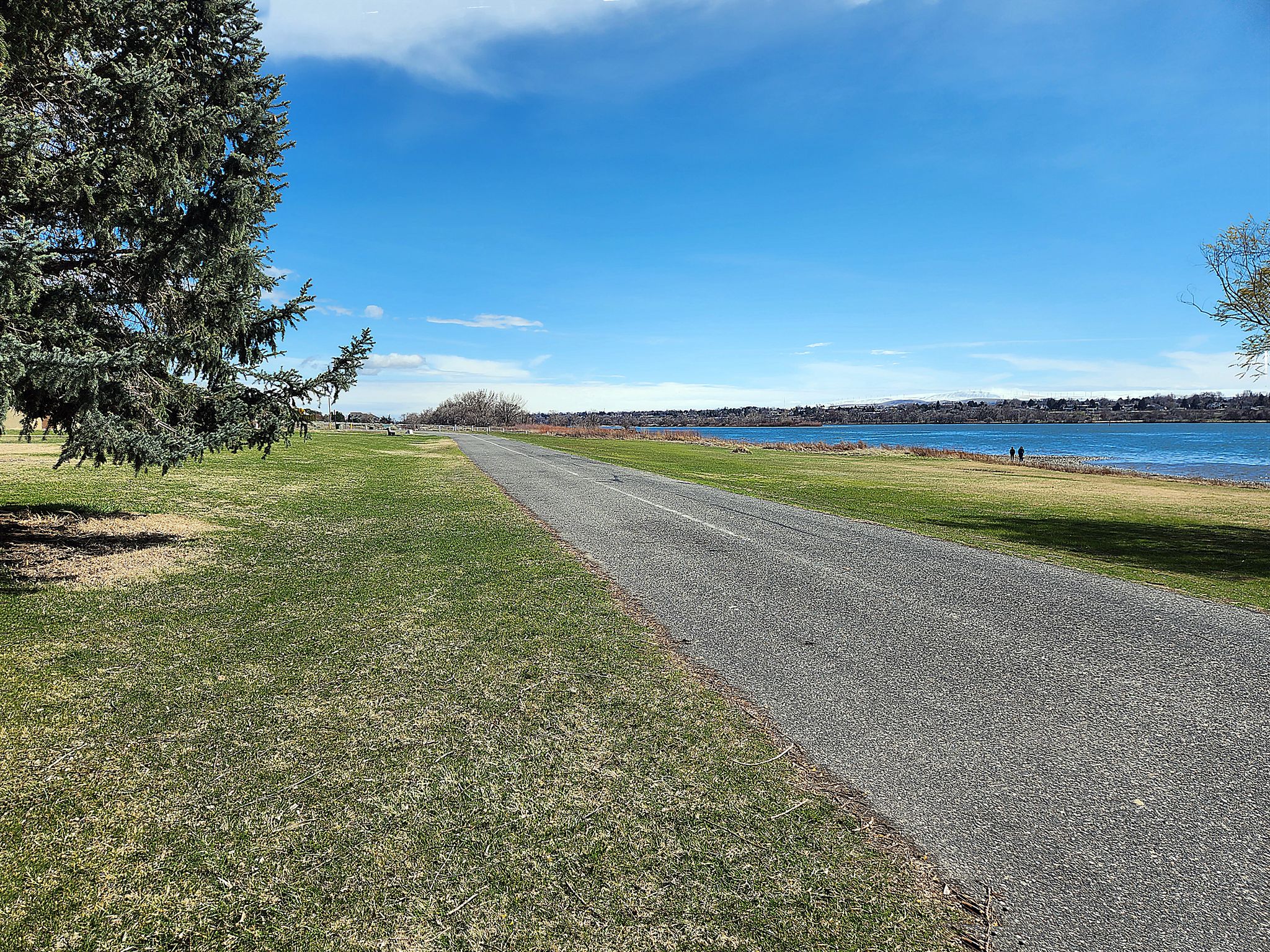 A paved path runs beside green grass and blue water, with distant walkers. - Columbia Point Marina Park – Sacagawea State Park loop from Washington State University - Tri-Cities