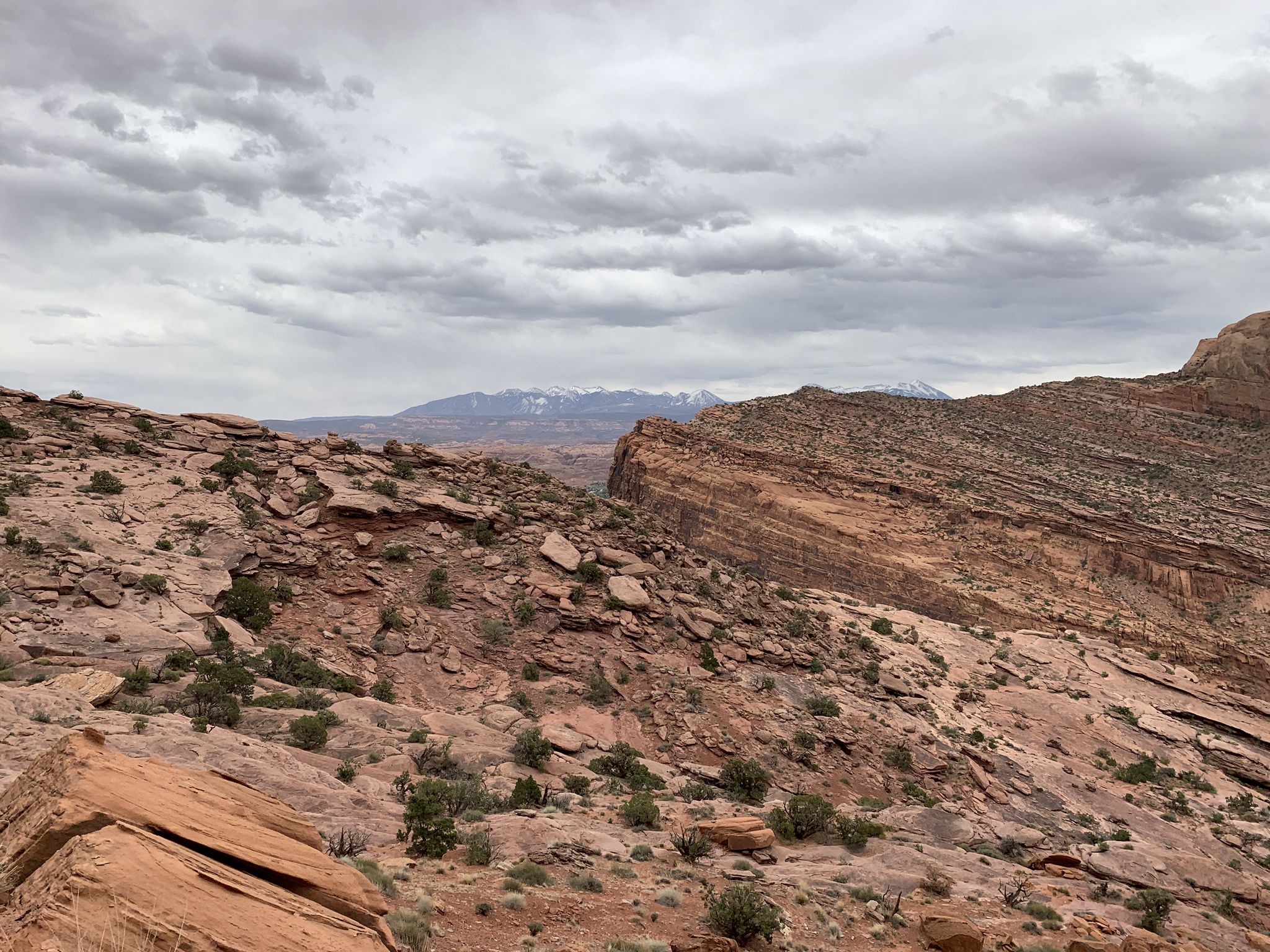 Rocky desert landscape with red cliffs and distant snow-capped mountains under cloudy sky. - Portal Overlook loop from Portal Trail