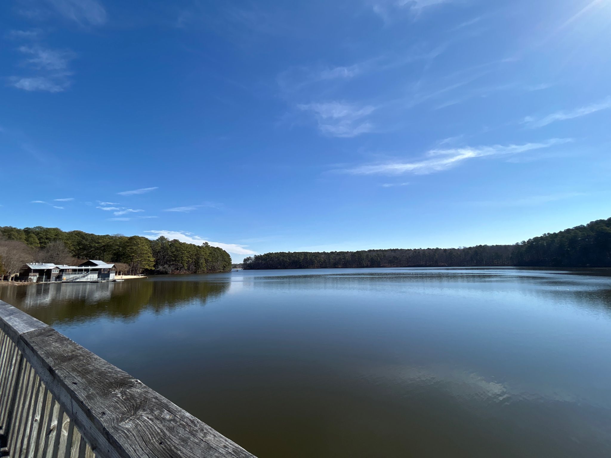 A wide lake under a clear blue sky, with a wooden railing. - Lake Johnson Trail
