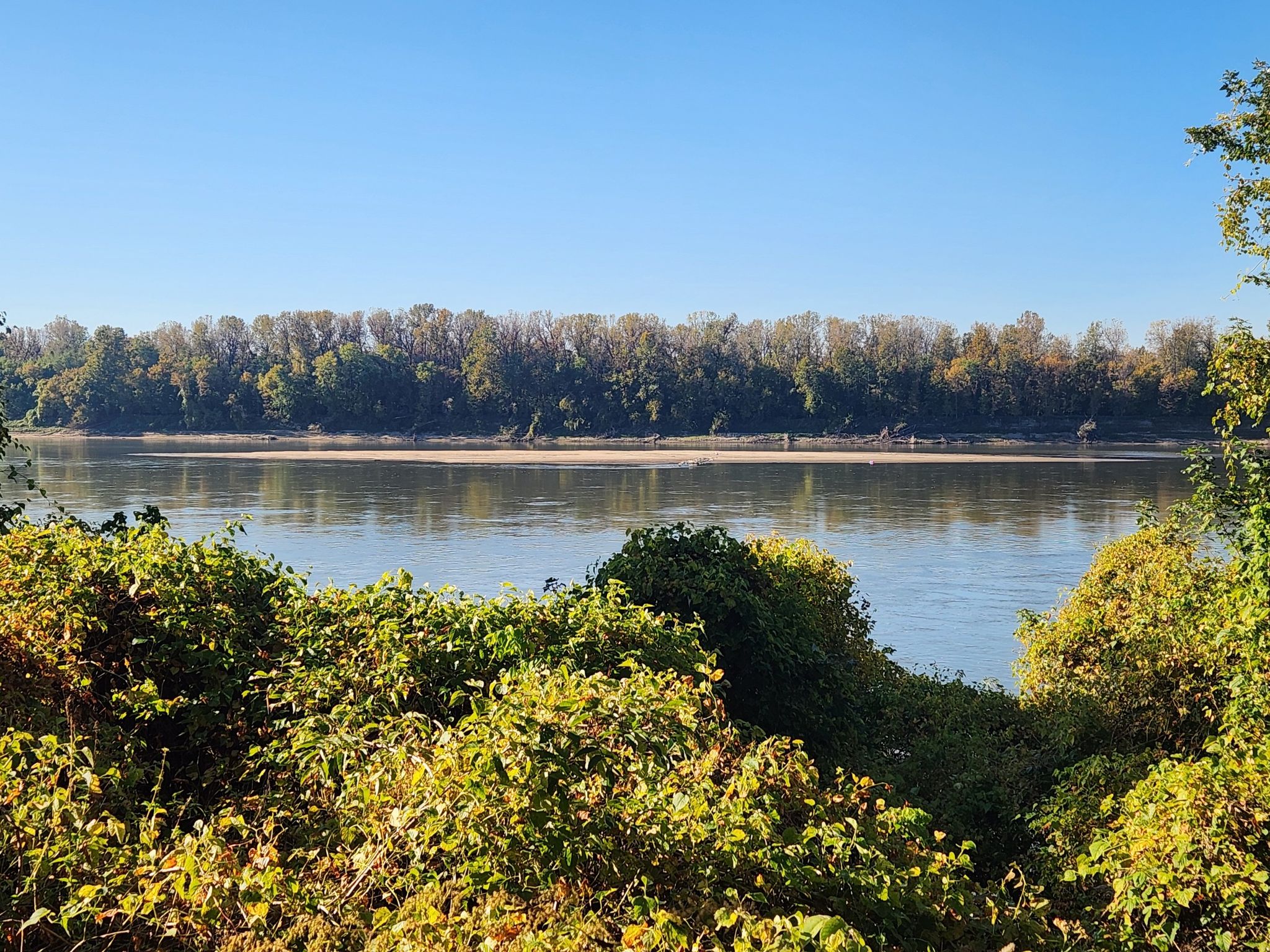 A wide river with a distant tree line, framed by green foreground foliage. - Katy Trail: Hermann to Augusta