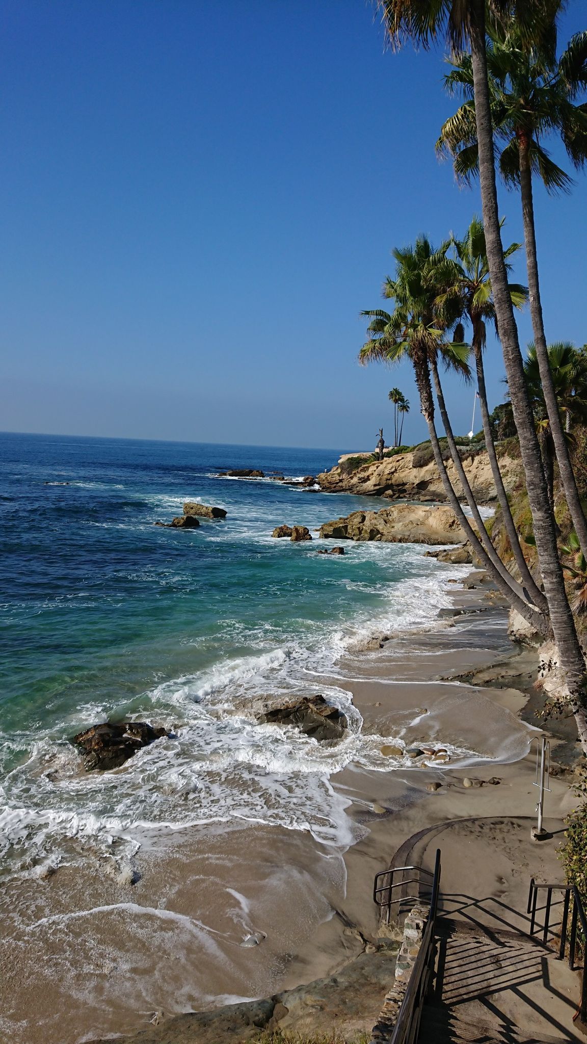 Sunny view of a rocky beach with crashing waves and tall palm trees. - Main Beach Park – Heisler Park Foot Path loop from Laguna Beach