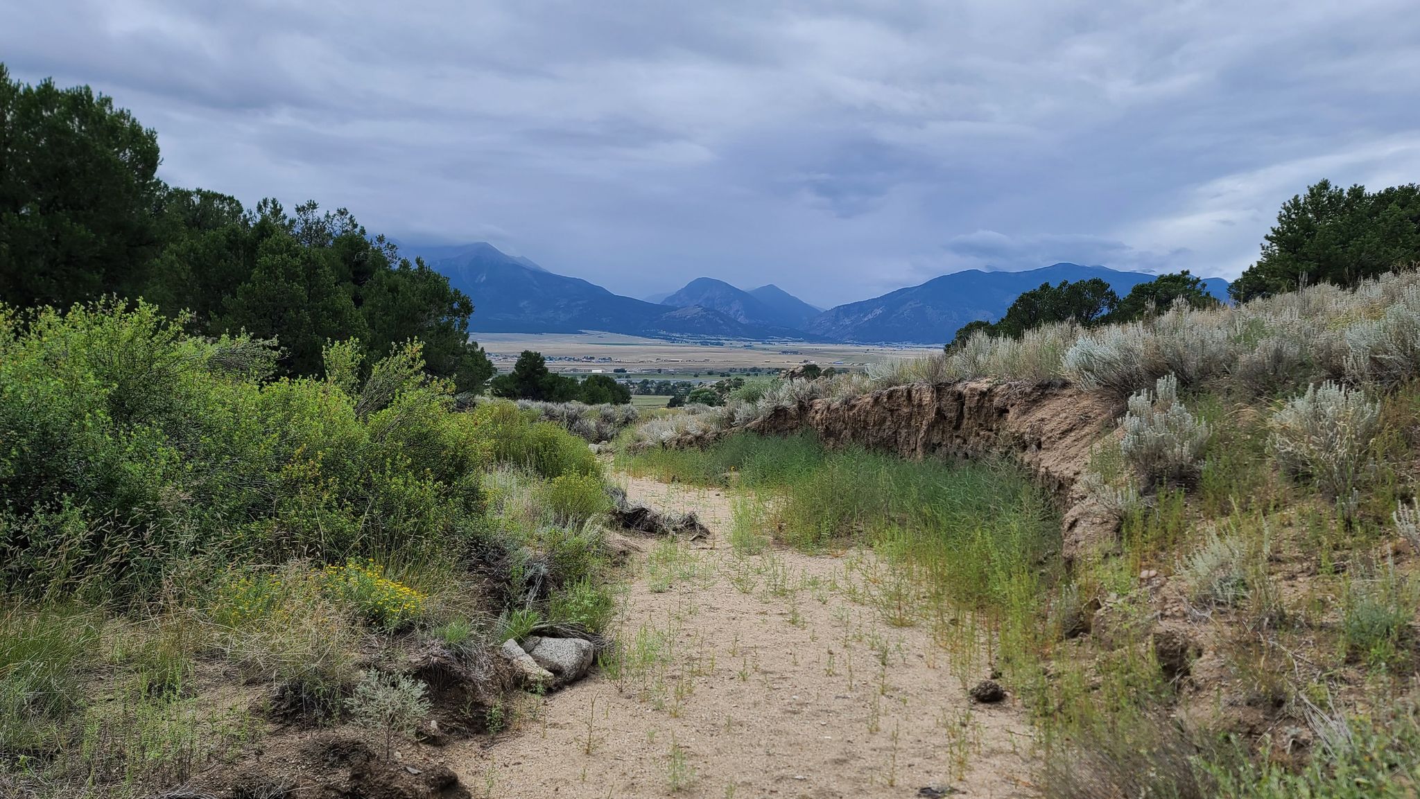 Sandy path through scrubland leading to distant mountains under cloudy sky. - A Fistful of Dollars and Few Dollars More Loop