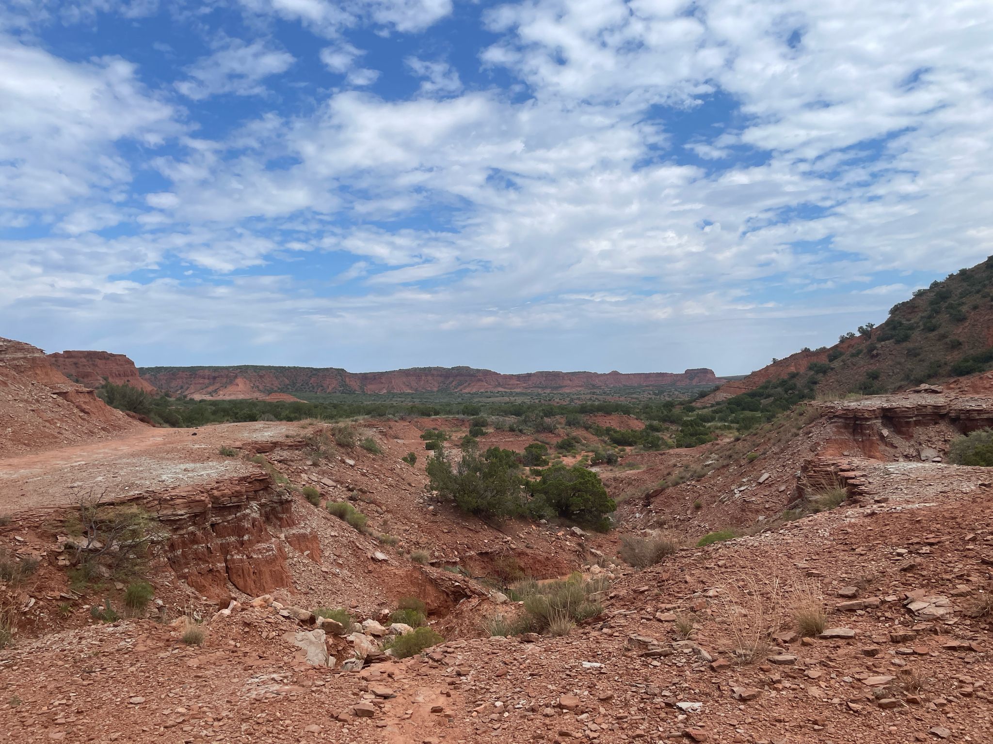 Wide view of a red rock canyon under a blue sky with clouds. - Haynes Ridge and Upper North Prong Trail Loop