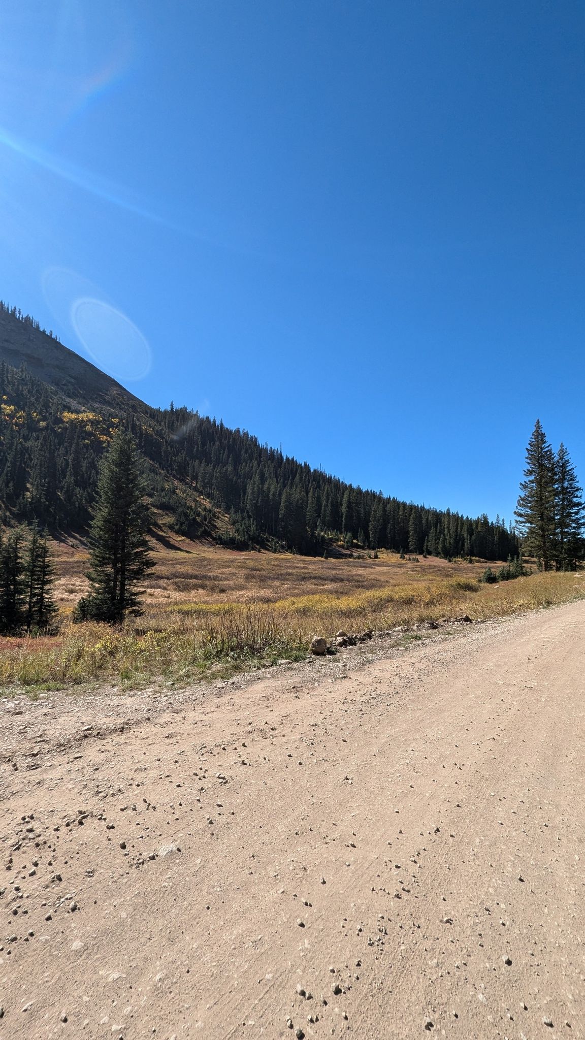 A dirt road next to a forested mountain slope under a clear sky. - Old Ohio Pass Road