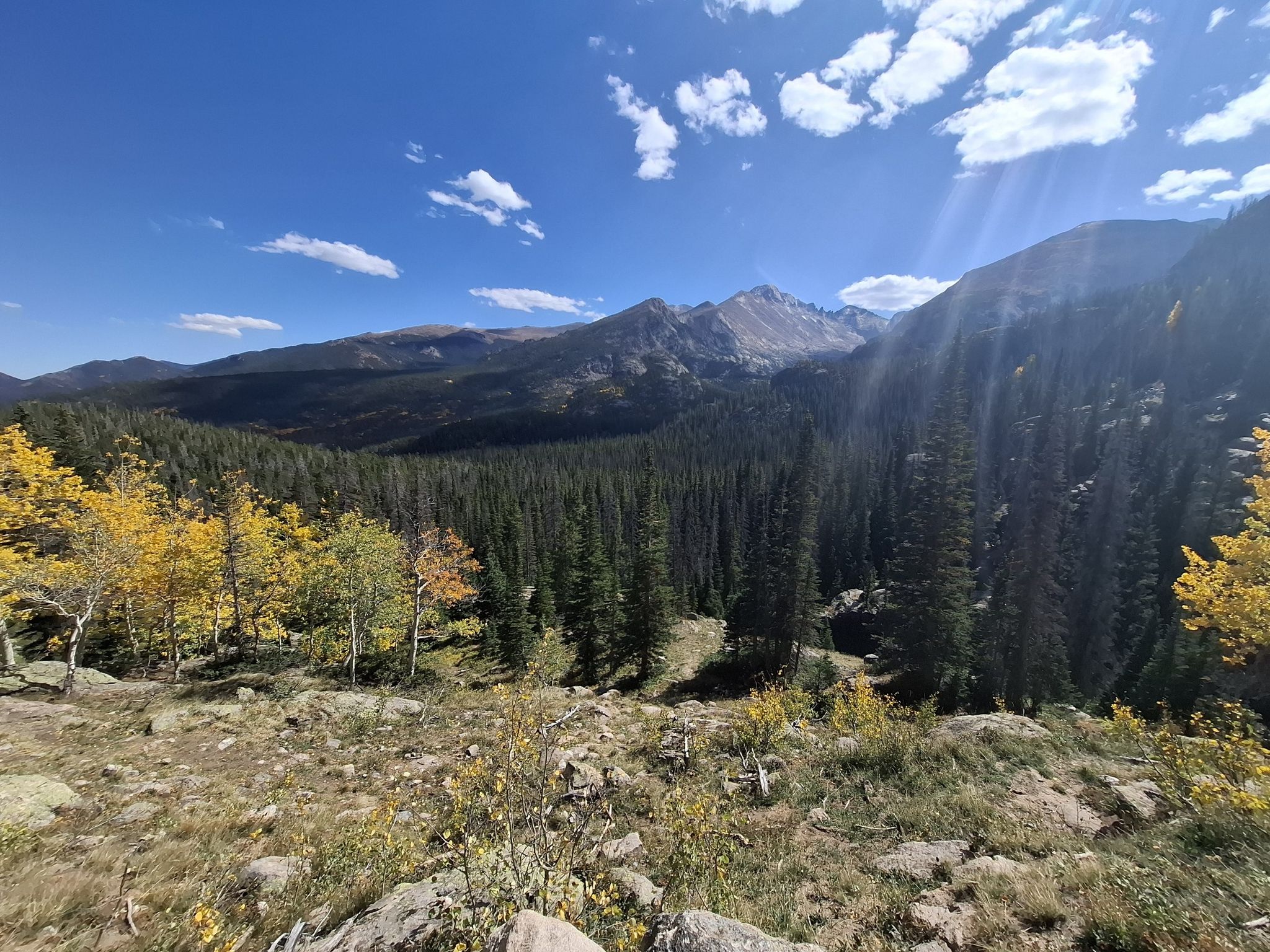 Expansive view of pine forests, distant mountains, and golden autumn trees. - Bear Lake Trailhead – Dream Lake loop from Dream Lake