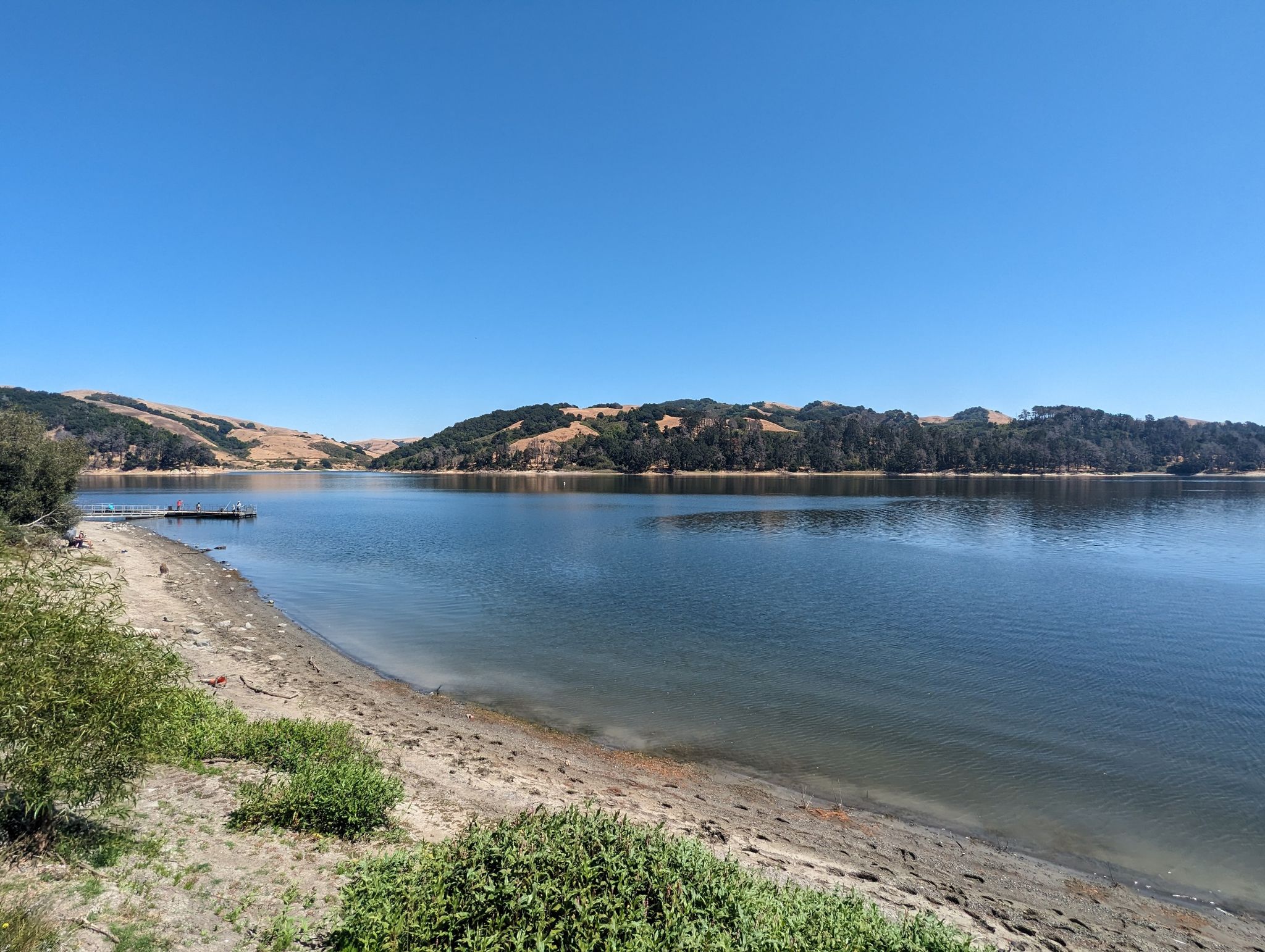 Calm blue water meets a sandy shore with distant hills under a clear sky. - Eagle's Nest Trail Loop